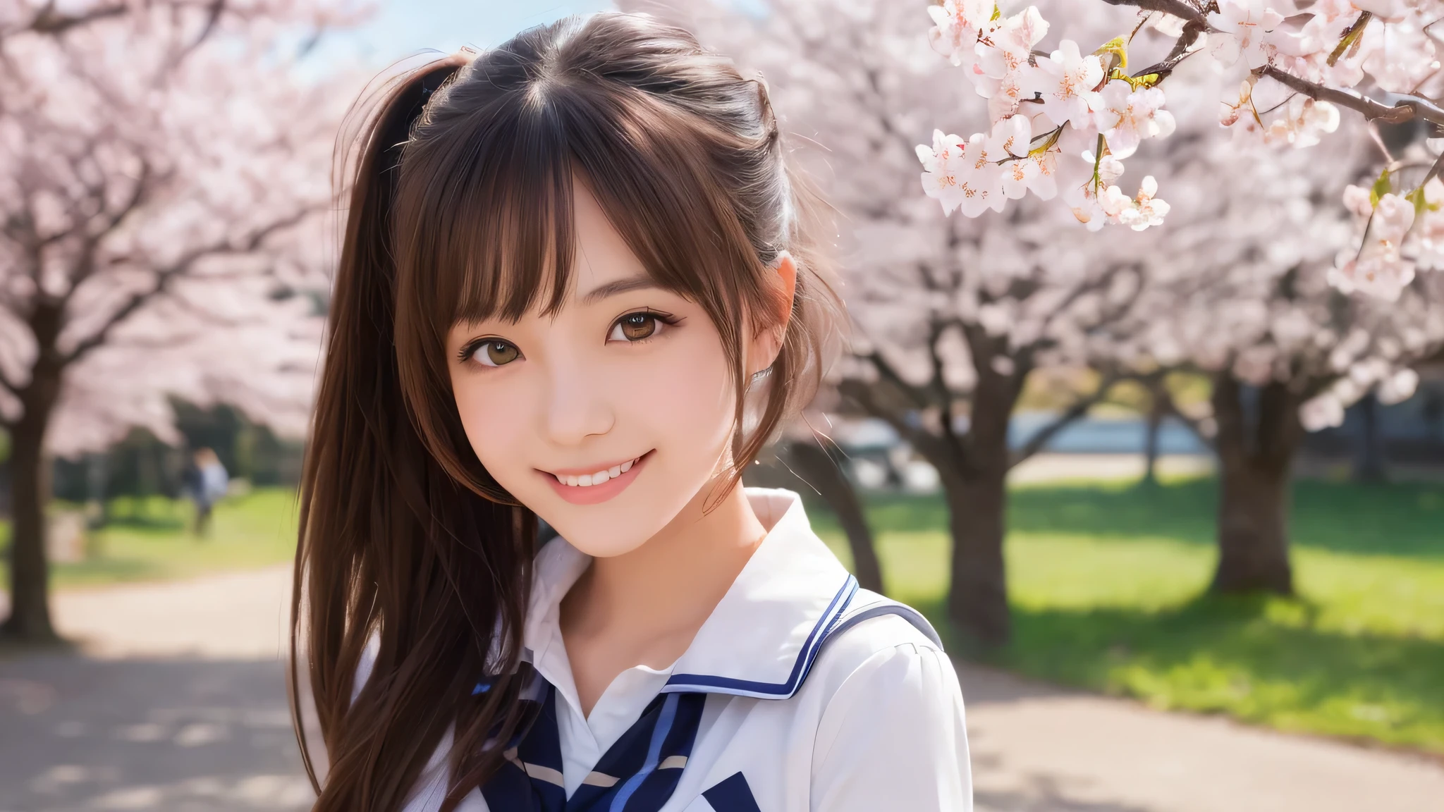 (1 girl), (ponytail, bright smile), (big round eyes), brown eyes, (high school uniform:1.2), (highest quality: 1.4), (Super detailed), (highest quality:1.4), (Super detailed), evening, very high resolution, (Upper body), close up face, school anime, anime illustration, Cherry tree, (garden, River side),