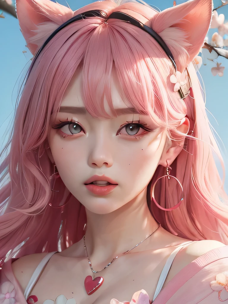 she is the cherry blossom spirit、pink eyes、pink hair、close up of face、pink eyebrows、pink teeth、pink fang、big ears、cherry blossom hair ornament、cherry blossom necklace、Cherry earrings、beautiful clavicle、bob hair、deep pink eyes、pink kimono showing collarbone、cherry blossom fairy、wing、cherry blossom background、blue sky background、red eyes、Cherry Headband、she is a pink fairy、妖精のwing根、stern look、