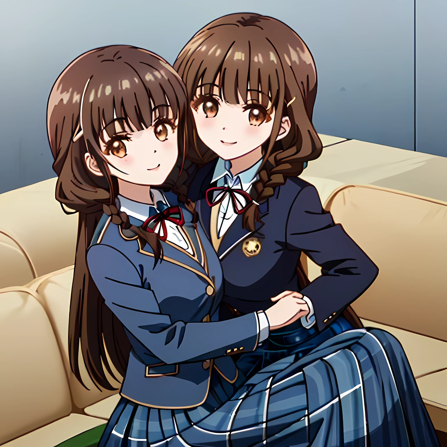 highest quality, (masterpiece:1.2), High resolution, perfect pixel, very detailed,sharp lines, ((smooth texture:1.2, Anime CG style)), 1 girl, One girl sitting is looking at the viewer and smiling, Glossy lips that make you want to kiss, nice smile, big brown eyes, (((dark brown hair))), 15 years old, long braids, big shiny hair clip, , ((Light dark blue blazer with golden emblem on the left chest)), ((Japanese-style school ribbon with a large navy blue stripe on the chest)), very shiny hair、laughter、bright look、Both face and hair catch the light and shine, The corners of the eyes are drooping, Cute braids, (((Dark brown tightly braided hairstyle))), ((((dark blue & Deep navy tartan check middle long skirt)))), A gentle and cute expression staring at the viewer, double eyelid, ((long eyelashes)), The background is the school gymnasium warehouse.., round face, the skirt is very cute, brown leather shoes