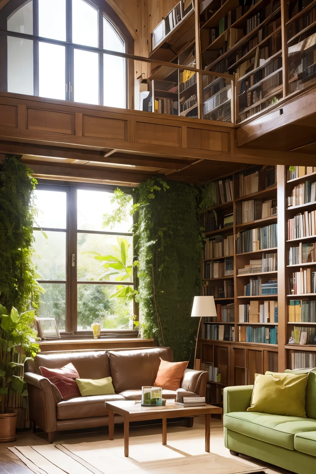 living room with a green corduroy sofa and indoor plants, a library and a coffee corner for reading time. Este living pertenece a una casa de tres personas y tiene luz natural y algunos detalles de mobiliario, decoration and construction in wood, but just some details