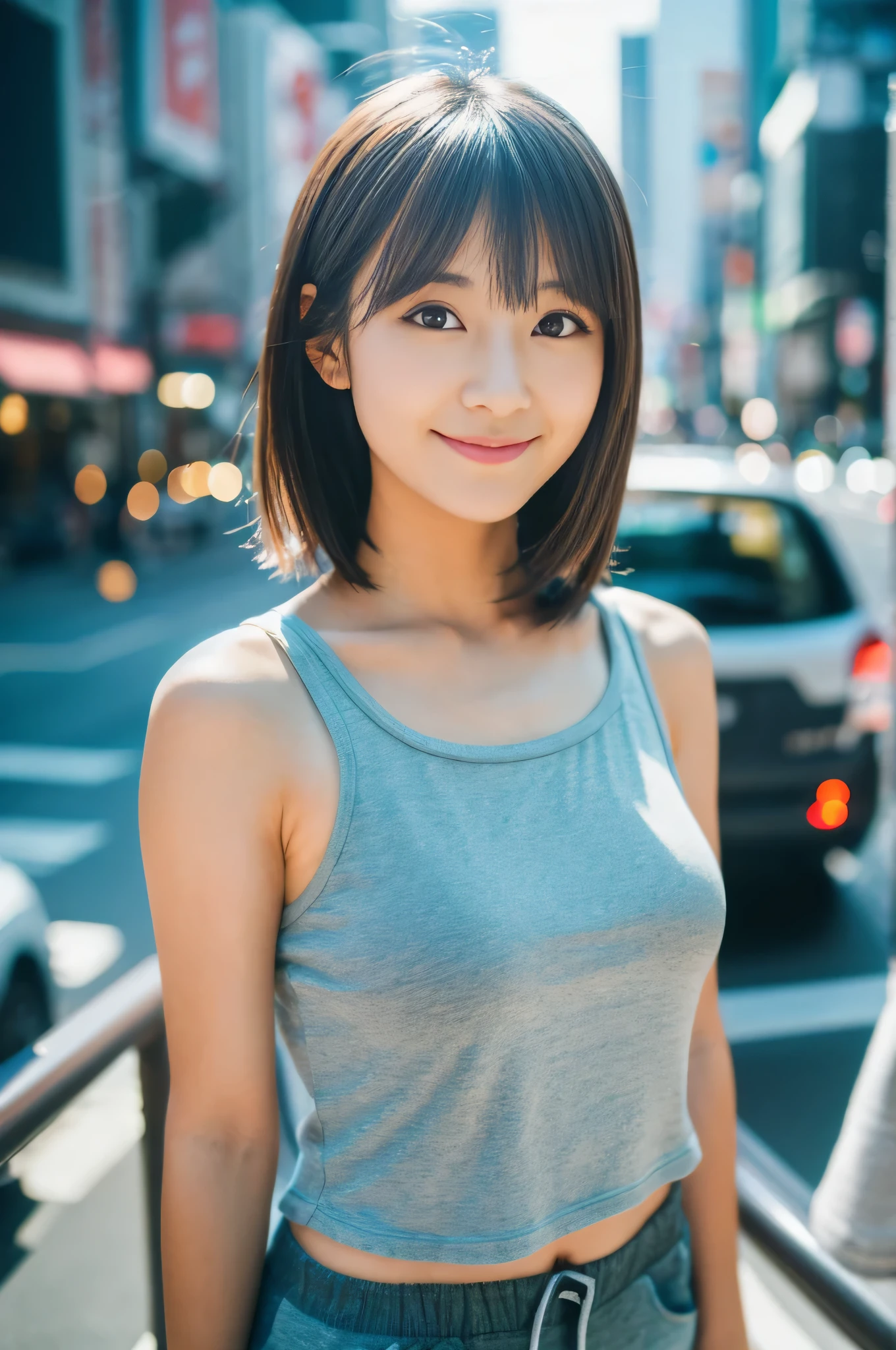 highest quality,masterpiece,32k,Depth of the bounds written、blur background、50mm,F1.4,professional lighting,cinematic lighting,Upper body,thin,beautiful japanese woman,25 year old girl,contrasting,cityscape,akihabara,nice weather,shaggy,silver hair,Tank top,shorts,Happy,