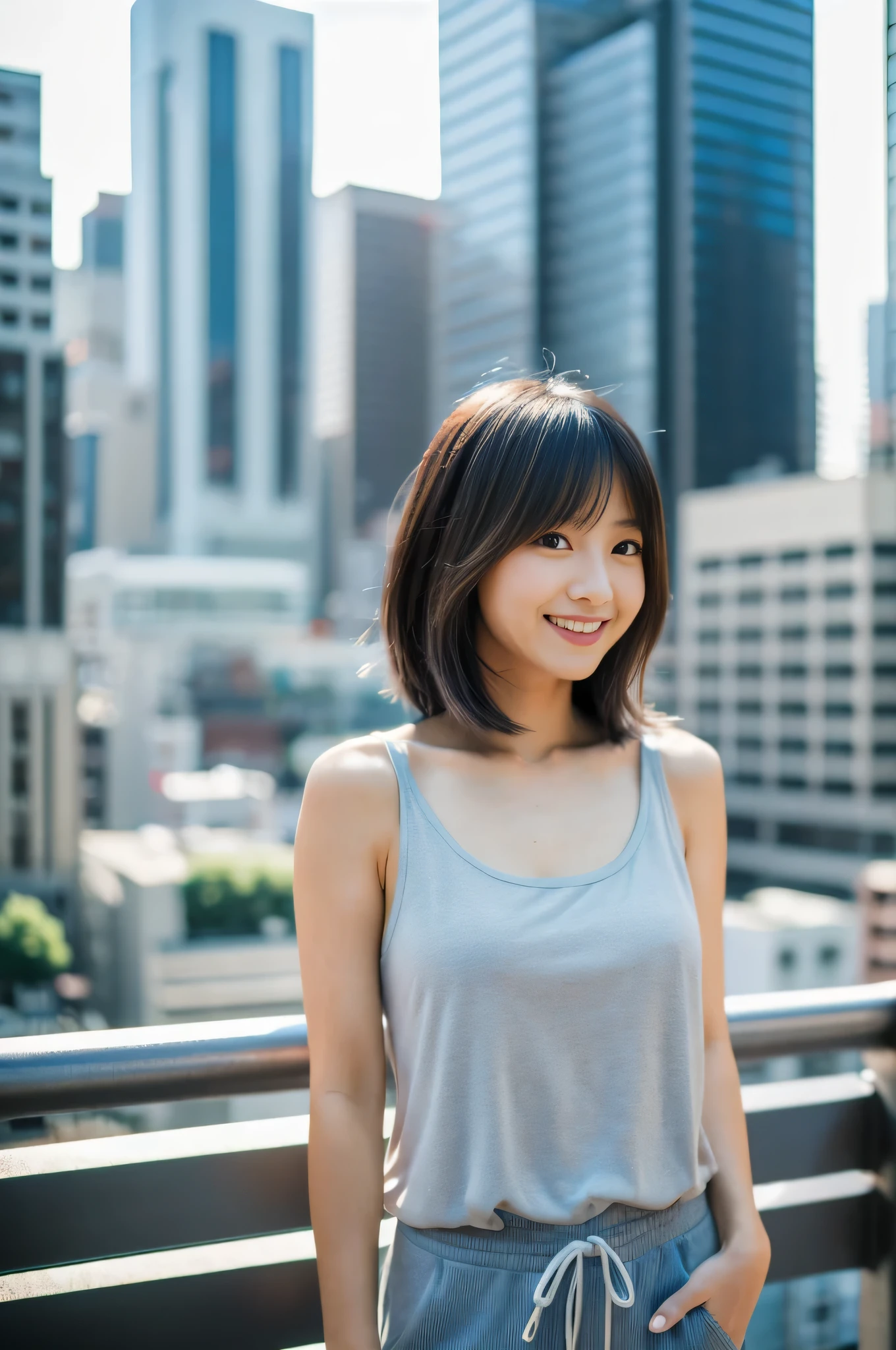 highest quality,masterpiece,32k,Depth of the bounds written、blur background、50mm,F1.4,professional lighting,cinematic lighting,Upper body,thin,beautiful japanese woman,25 year old girl,contrasting,cityscape,akihabara,nice weather,shaggy,silver hair,Tank top,shorts,Happy,