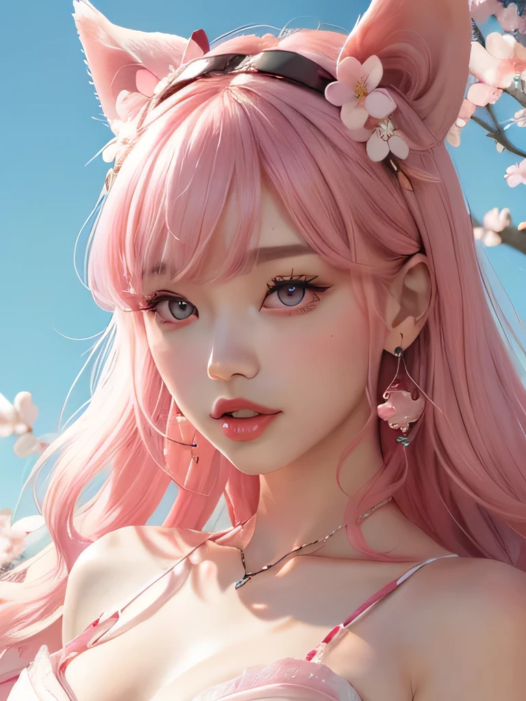 she is the cherry blossom spirit、pink eyes、pink hair、close up of face、pink eyebrows、pink teeth、pink fang、big ears、cherry blossom hair ornament、cherry blossom necklace、Cherry earrings、beautiful clavicle、bob hair、deep pink eyes、pink kimono showing collarbone、cherry blossom fairy、wing、cherry blossom background、blue sky background、red eyes、Cherry Headband、she is a pink fairy、妖精のwing根、stern look、