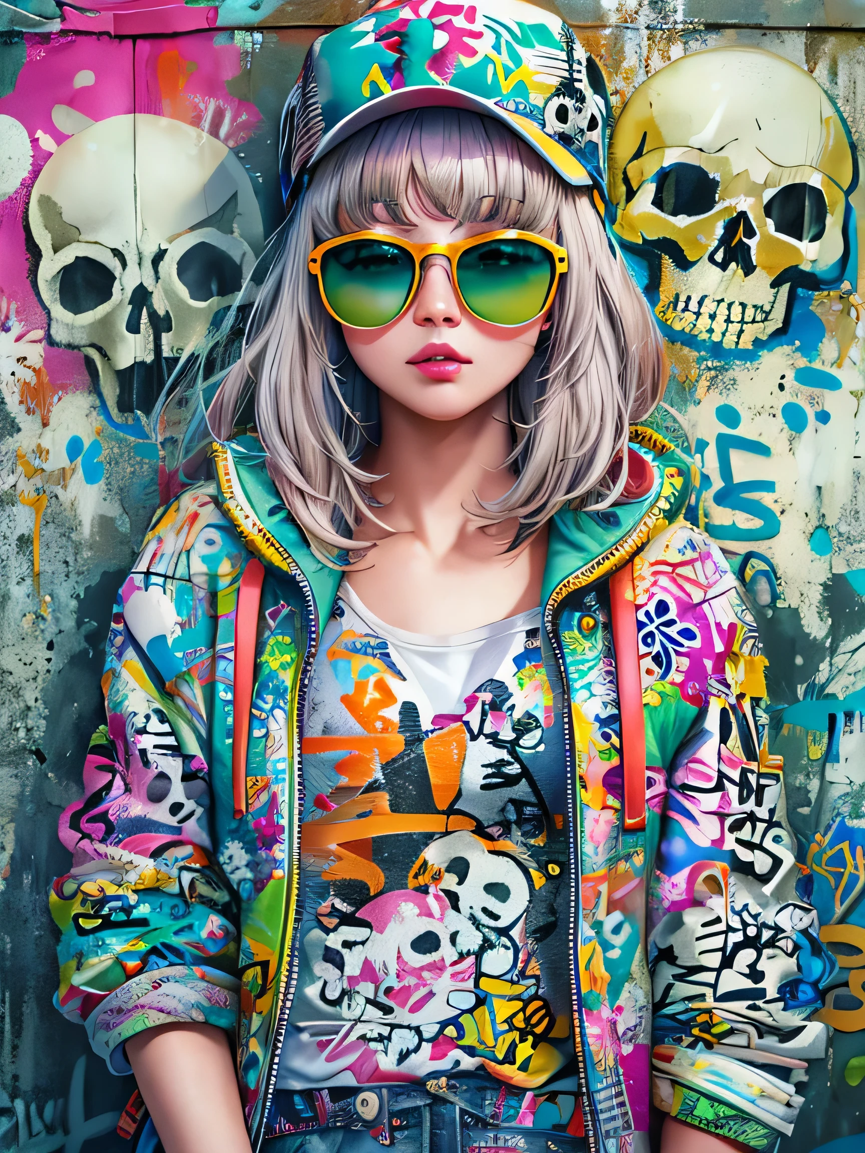 8K quality, watercolor painting, stylish design, (((The strongest beautiful girl of all time))), (((Japanese)))、Idol、clear, Stylish sunglasses, Fashionable hats, (((highest quality))), bob hair, put your hand on the wall, HDR, ((Detailed details)), (((skull fashion))), detailed clothing texture, (((graffiti art))), colorful hair, ((masterpiece))、((Super detailed))