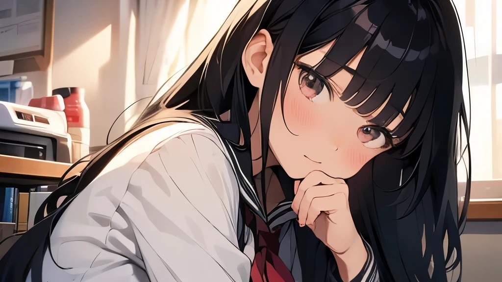 black hair、18 year old woman with long hair、chest is big、high school girl、Sarah uniform、one&#39;s home、night、trying to take off clothes、sexy