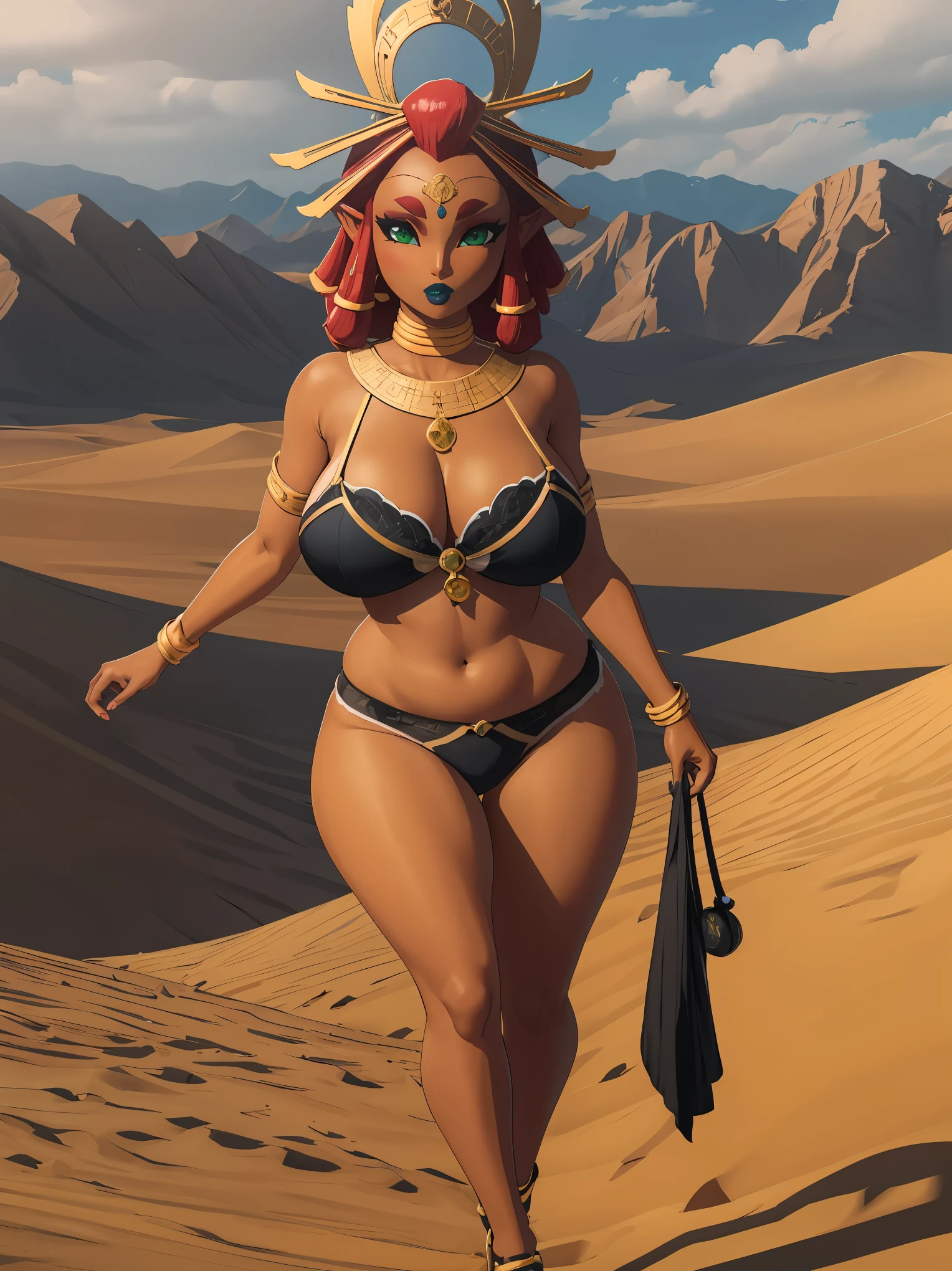 Big breasts, green eyes, dark blue lips, walk for desert, lingerie, black stockings, sexy legs, Riju