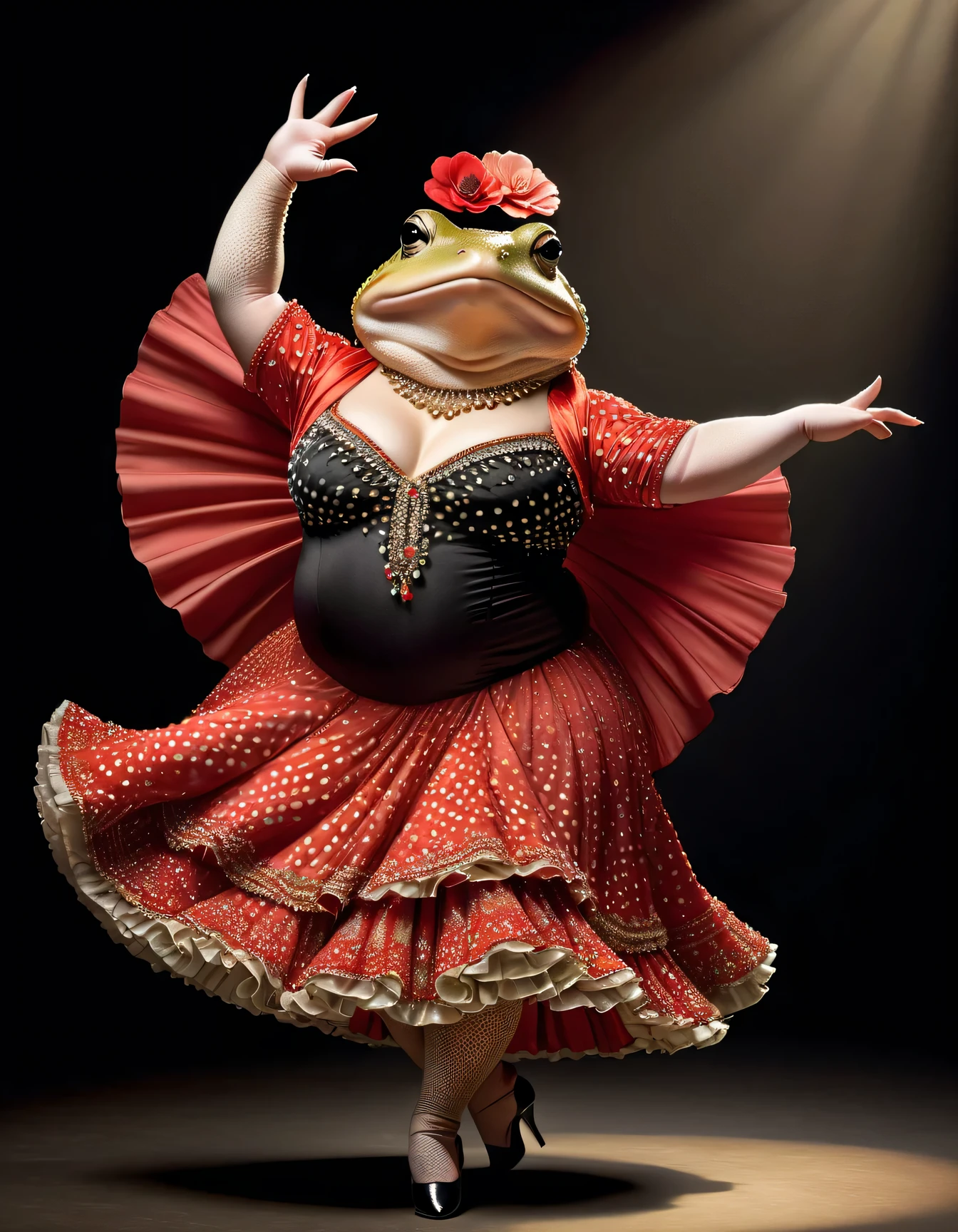 photorealistic portrait of Dressed animals - a ((fat)) toad flamenco dancer, arms up ,( dynamic dancing), high quality,(lovely) ,intricate details, highly detailed ((flamenco costume)) ,highly detailed dot pattern dress, high heels, toad skin, highly detailed decorations, (cute), studio lighting,(full body image:1.5)