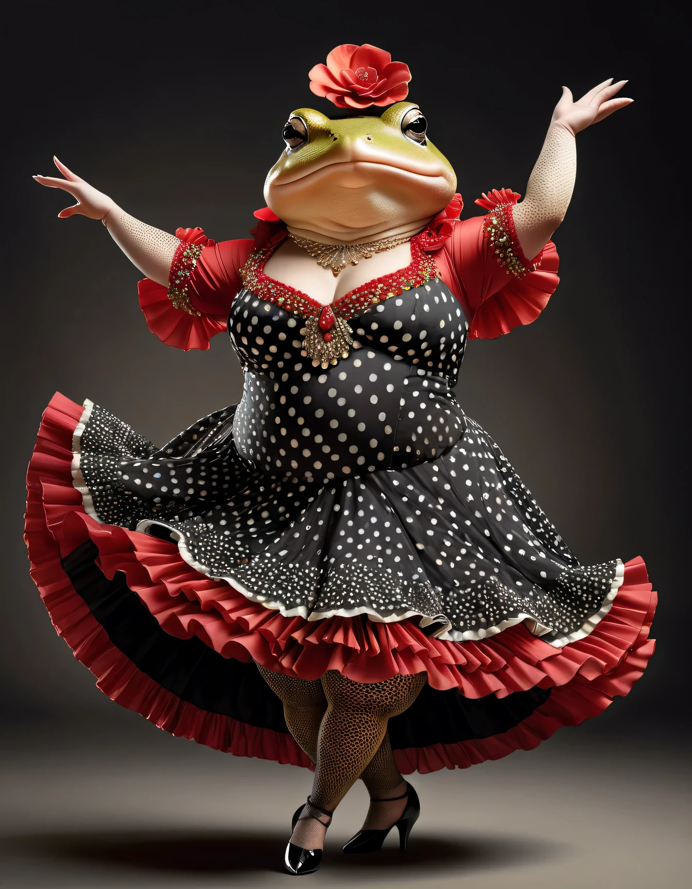 photorealistic portrait of Dressed animals - a ((fat)) toad flamenco dancer, arms up ,( dynamic dancing), high quality,(lovely) ,intricate details, highly detailed ((flamenco costume)) ,highly detailed black dot pattern dress, high heels, toad skin, highly detailed decorations, (cute), studio lighting,(full body image:1.5)