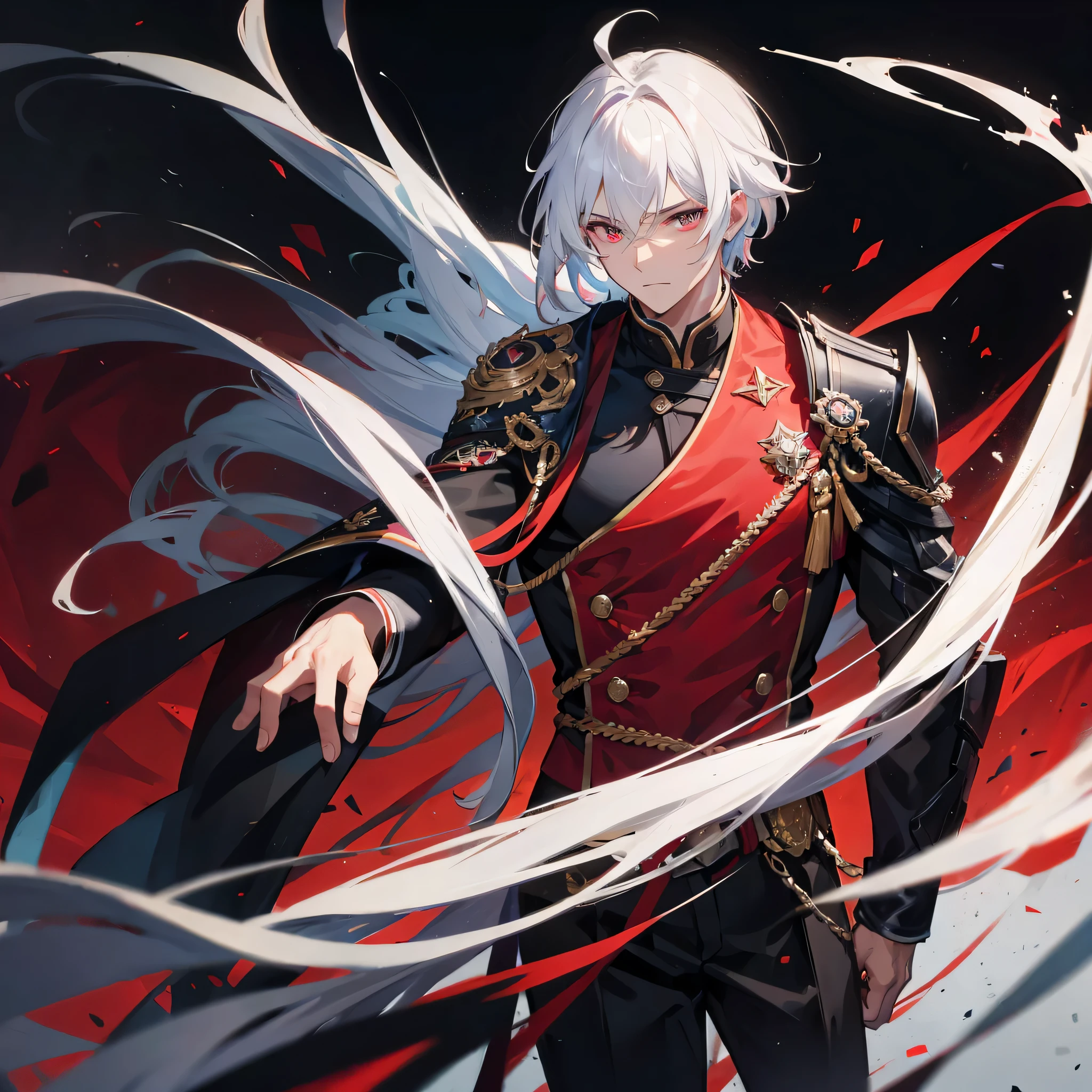 God，dark，black clothes，red decoration，((male)),cold，(((handsome man))，短发handsome man，white hair，(((dark)))