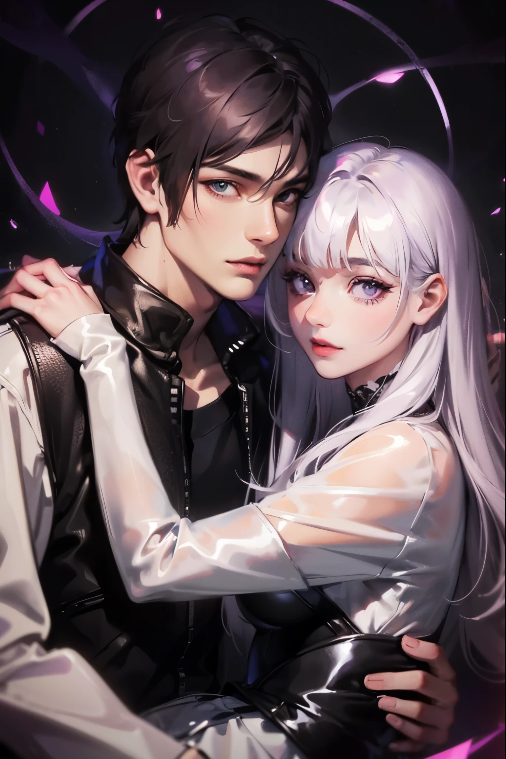 couple in white dress, male dark eyes and long white hair with wings, female purple eyes and short purple hair, inspired by halo art style, sky background, black feathers, purple explosion, realistic, rainy texture, high quality, 8K