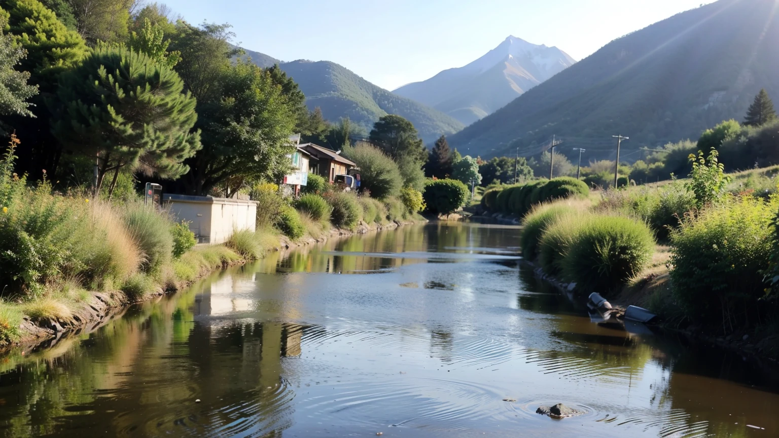 A road leads to the distance，There are several cars parked on the right side of the road，There is a small river on the left，Leading to the distance along the foot of the mountain，There are towering peaks on both sides