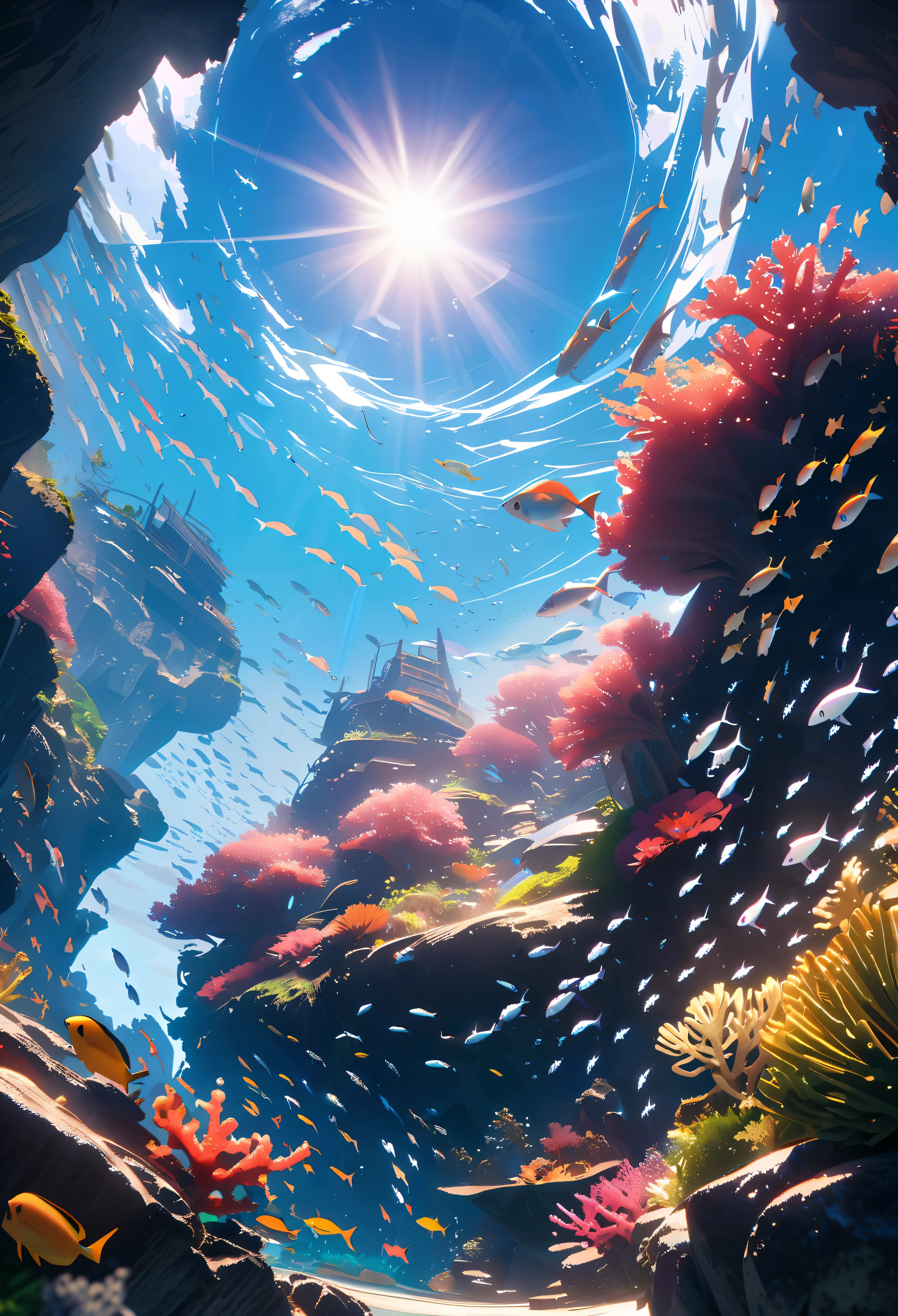  underwater, coral reaf, a lot of fish, jellyfishes, sun rays, close to an island, ray tracing, from below, wide shot, UHD, masterpiece, 8k, highres, best quality, award winning, super detail, high quality
