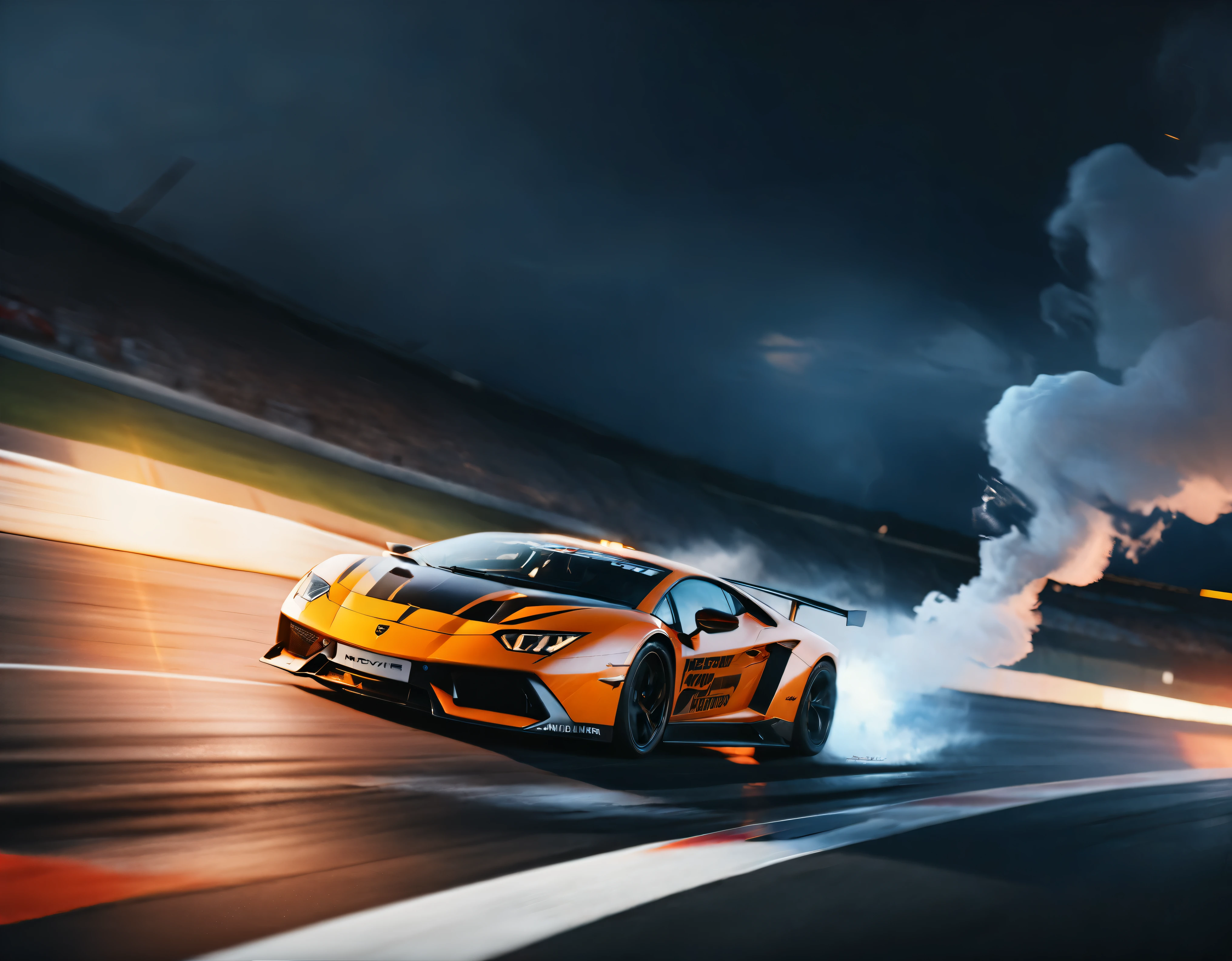 ((Masterpiece in maximum 16K resolution):1.6),((soft_color_photograpy:)1.5), ((Ultra-Detailed):1.4),((Movie-like still images and dynamic angles):1.3). | (Cinematic photo of an speeding Lamborghini race car 1), (cinematic lens), ((tyndall effect):1.1), (race track light), (smoke), (super car), (Night at Race Track), (sense of speed), (shimmer), (visual experience), (Realism), (Realistic), award-winning graphics, dark shot, film grain, extremely detailed, Digital Art, rtx, Unreal Engine, scene concept anti glare effect, All captured with sharp focus.

Rendered in ultra-high definition with UHD and retina quality, this masterpiece ensures anatomical correctness and textured skin with super detail. With a focus on high quality and accuracy, this award-winning portrayal captures every nuance in stunning 16k resolution, immersing viewers in its lifelike depiction. Avoid extreme angles or exaggerated expressions to maintain realism.