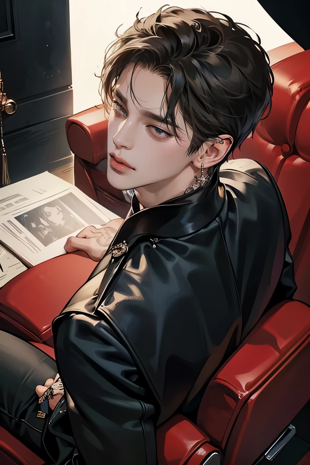 (4K works))、masterpiece、(top quality)、((black cityscape background))、Korean male、adult male、(((Adult 50 years old))、(((Adult uncle type))、(((Leather jeans style))、((The face is similar to Hyunjin))、cruel man、tall、((wild features))、((wild look))、((angry expression))、((Long sleeve trousers style))、((small face))、slim body、(short hair)))、(shot alone))、(Solo photography))、Professional photos、((upper body photography))、(upper body photography))、(Wear a lot of piercings))、((piercing lips)))、((tongue piercing))、(Sick boy))、(my boy))、(Many tattoo photos))、(((sassy pose))