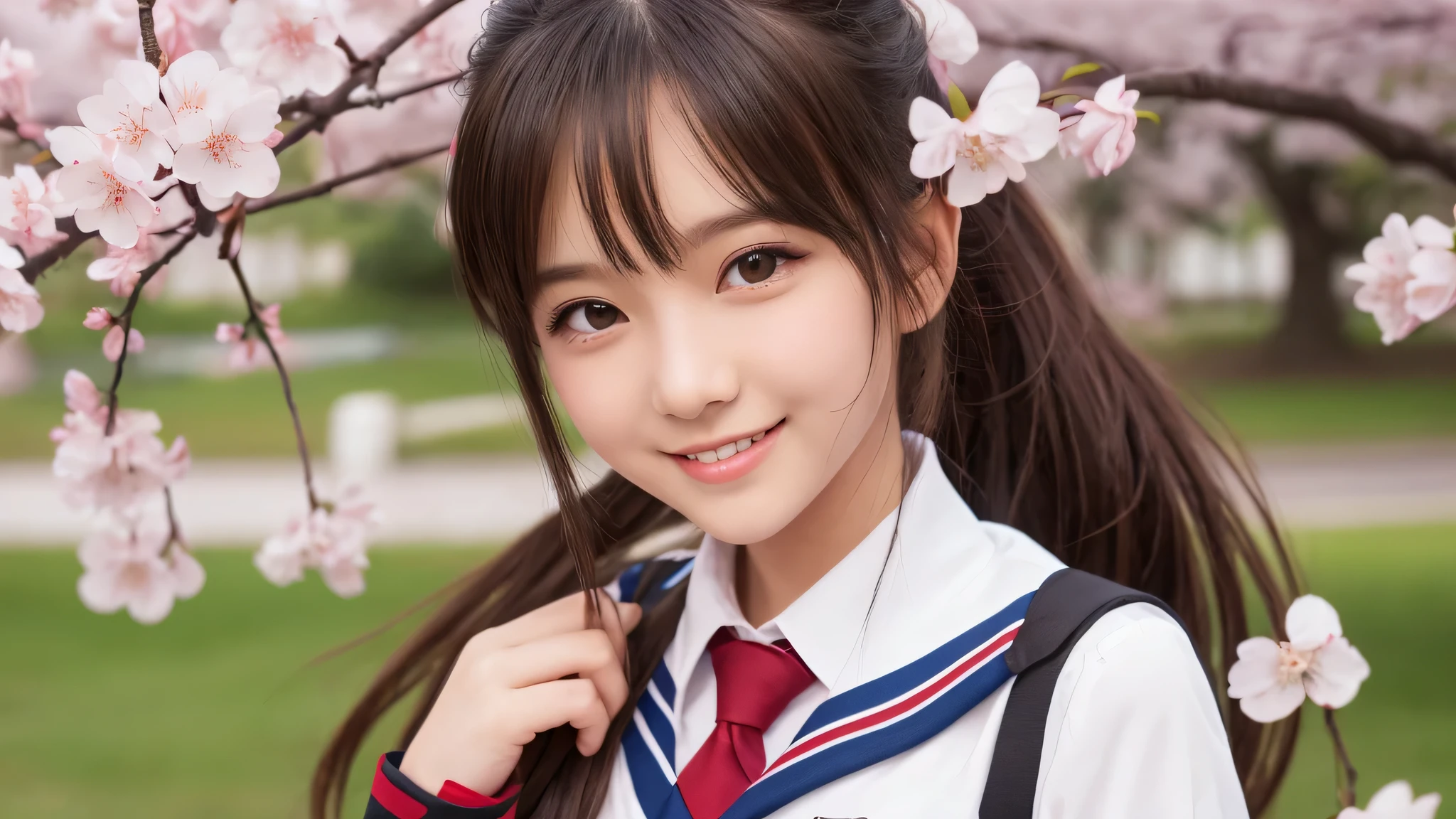 (1 girl), (ponytail, bright smile), (big round eyes), brown eyes, (high school uniform:1.2), (highest quality: 1.4), (Super detailed), (highest quality:1.4), (Super detailed), evening, very high resolution, (Upper body), close up face, school anime, anime illustration, Cherry tree, (garden, River side), 