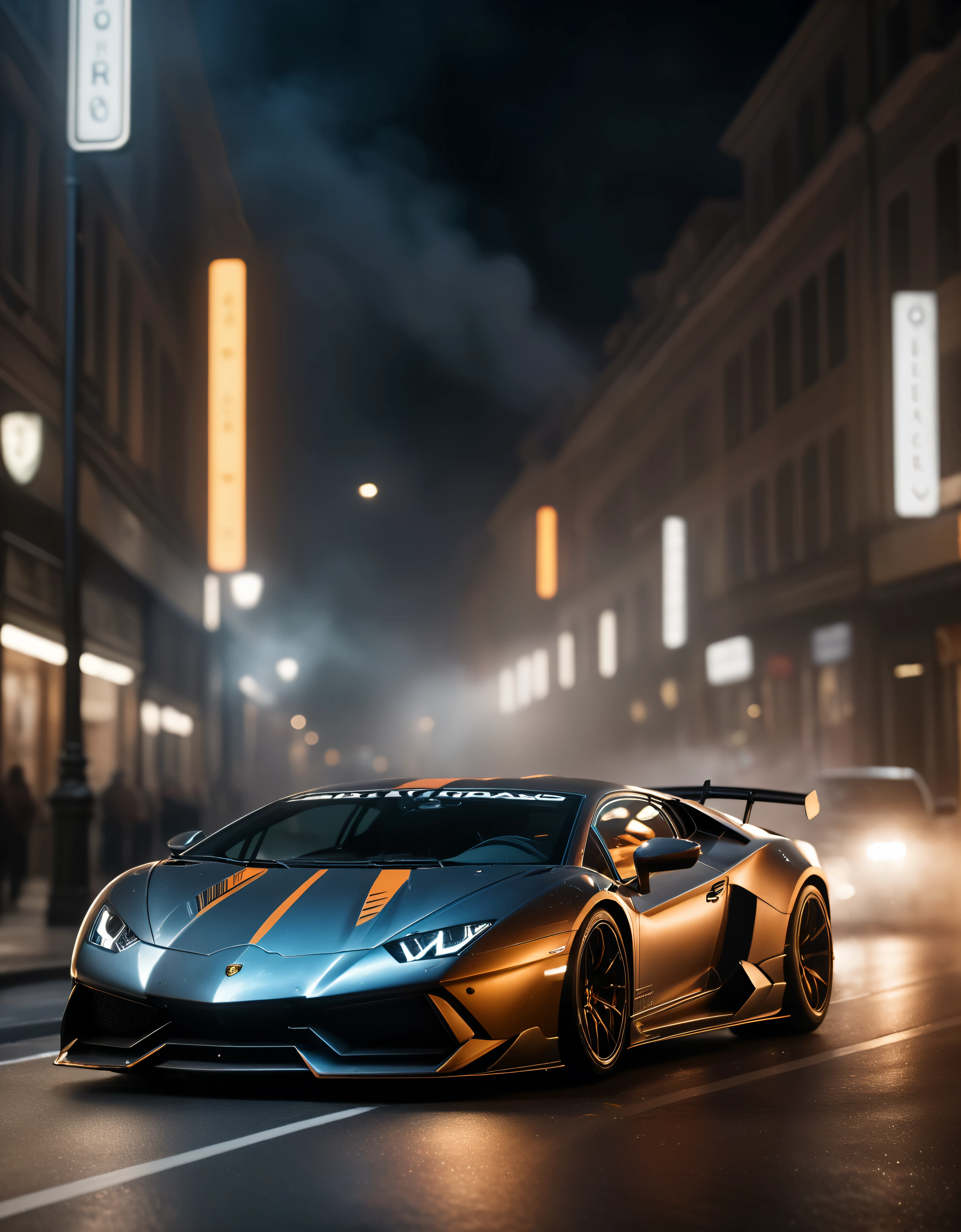 ((Masterpiece in maximum 16K resolution):1.6),((soft_color_photograpy:)1.5), ((Ultra-Detailed):1.4),((Movie-like still images and dynamic angles):1.3), ((motion blur):1.1) | (Cinematic photo of a speeding Lamborghini race car), (street race), (cinematic lens), ((tyndall effect):1.1), (Street light), (smoke), (super car), (Night at City Street), (sense of speed), (shimmer), (visual experience), (Realism), (Realistic), award-winning graphics, dark shot, film grain, extremely detailed, Digital Art, rtx, Unreal Engine, scene concept anti glare effect, All captured with sharp focus.

Rendered in ultra-high definition with UHD and retina quality, this masterpiece ensures anatomical correctness and textured skin with super detail. With a focus on high quality and accuracy, this award-winning portrayal captures every nuance in stunning 16k resolution, immersing viewers in its lifelike depiction. Avoid extreme angles or exaggerated expressions to maintain realism.