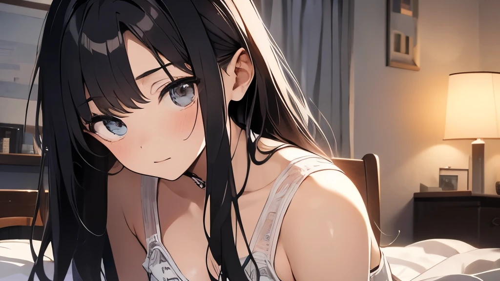 black hair、18 year old woman with long hair、chest is big、high school girl、one's home、night、sexy、In underwear