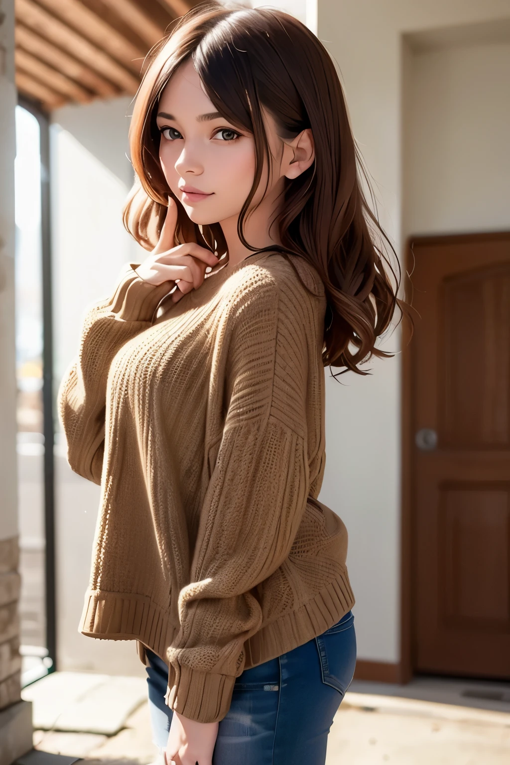 young woman , 30 years , Medium hair , milk chocolate color , pullover , jeans