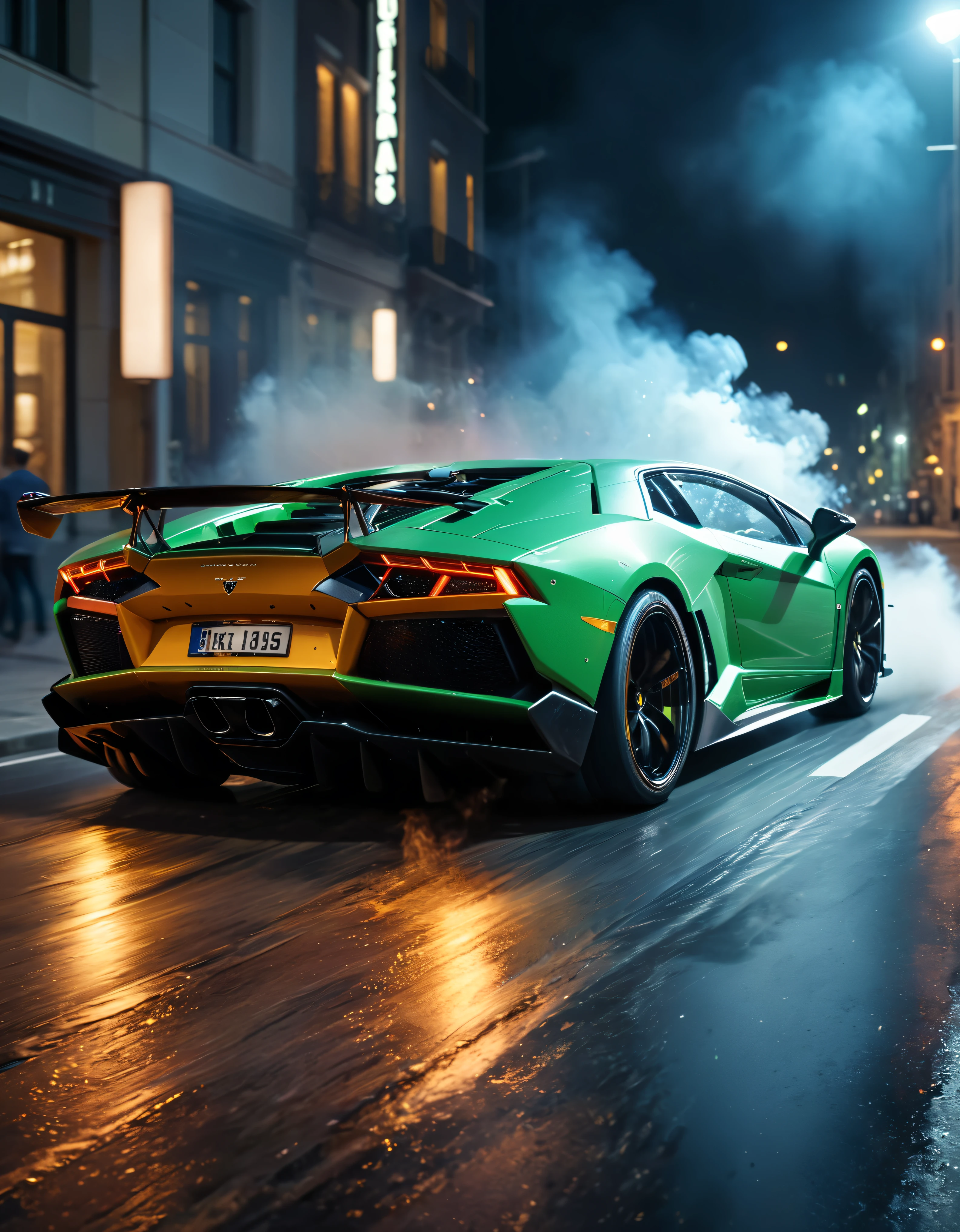 ((Masterpiece in maximum 16K resolution):1.6),((soft_color_photograpy:)1.5), ((Ultra-Detailed):1.4),((Movie-like still images and dynamic angles):1.3), ((motion blur):1.1) | (Cinematic photo of a speeding Lamborghini race car), (street race), (cinematic lens), ((tyndall effect):1.1), (Street light), (smoke), (super car), (Night at City Street), (sense of speed), (shimmer), (visual experience), (Realism), (Realistic), award-winning graphics, dark shot, film grain, extremely detailed, Digital Art, rtx, Unreal Engine, scene concept anti glare effect, All captured with sharp focus.

Rendered in ultra-high definition with UHD and retina quality, this masterpiece ensures anatomical correctness and textured skin with super detail. With a focus on high quality and accuracy, this award-winning portrayal captures every nuance in stunning 16k resolution, immersing viewers in its lifelike depiction. Avoid extreme angles or exaggerated expressions to maintain realism.