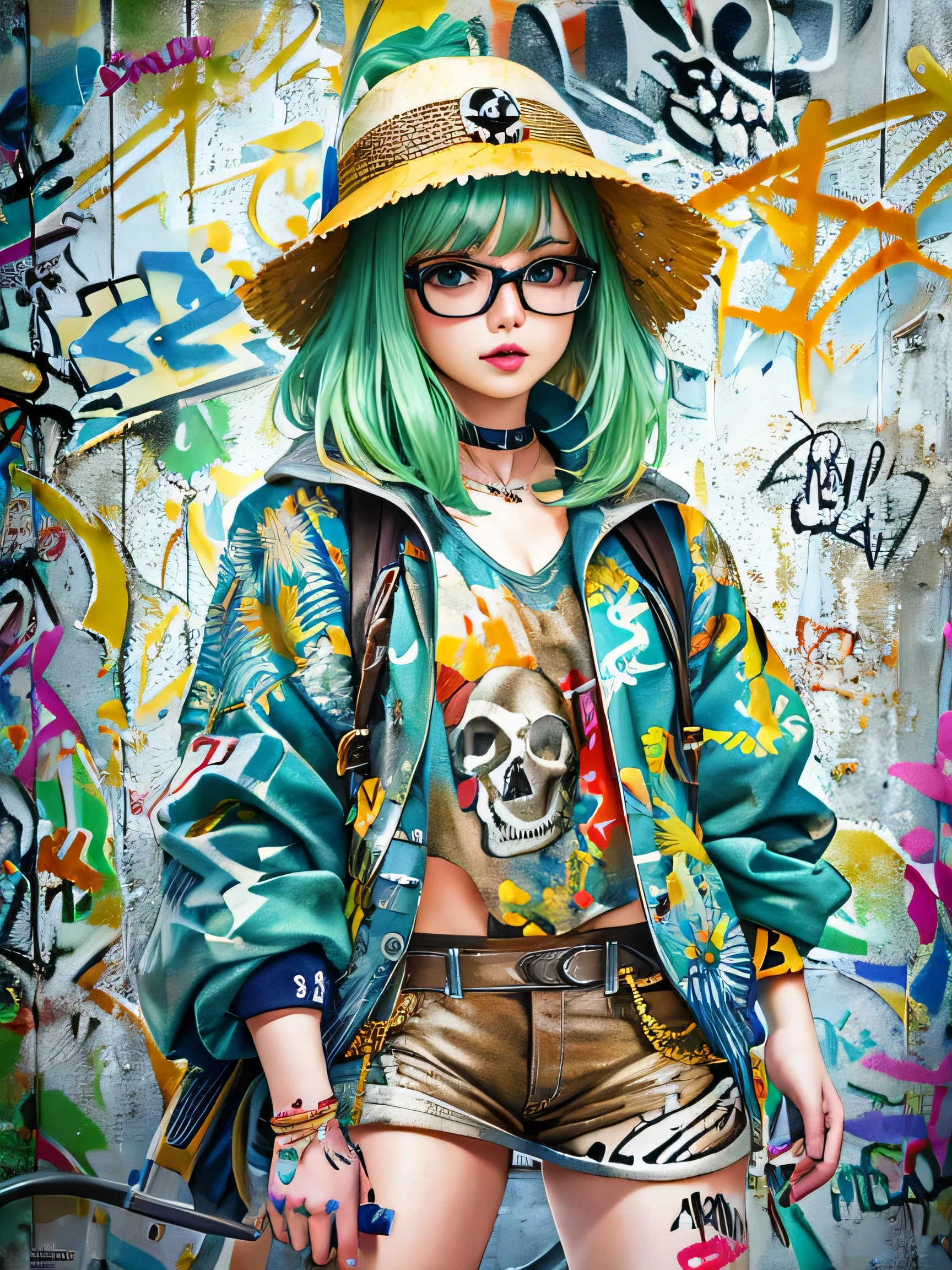 8K quality, watercolor painting, stylish design, (((The strongest beautiful girl of all time))), (((Japanese)))、Idol、clear, stylish glasses, Fashionable hats, (((highest quality))), bob hair, Place your hands on the wall, HDR, ((Detailed details)), (((skull fashion))), detailed clothing texture, (((graffiti art))), colorful hair, ((masterpiece))、((Super detailed))