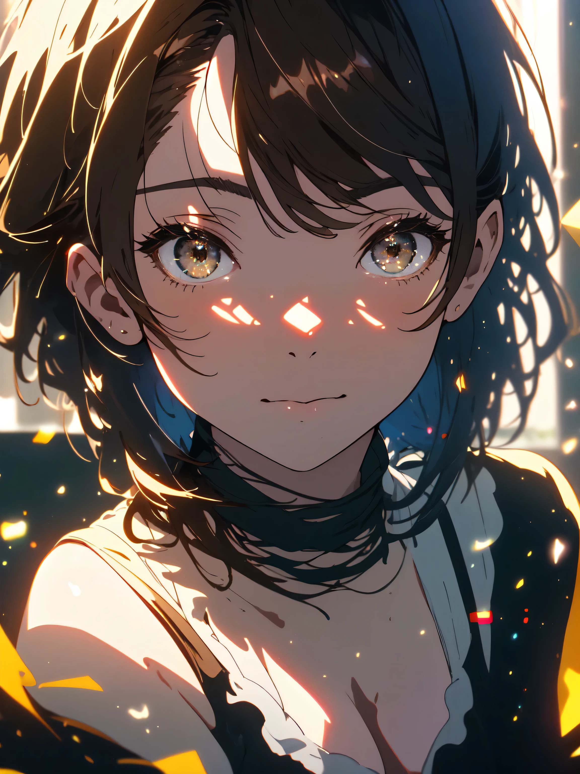 night, Raw photo, (((Very beautiful portrait))), (Very beautiful portrait))),(beautiful anime) ,(1 girl, 25 years old), (knit dress),sexy , ((short cut natural brown hair)), [brown eyes],A gentle smile looking at the camera(cleavage), ((masterpiece, 最high quality, Super detailed, movie light, intricate details, High resolution, 8K, very detailed)), detailed background, 8k uh, Digital single-lens reflex camera, soft lighting, high quality, film grain, Fujifilm XT3, shallow depth of field, Natural light, perfect face,(beautiful anime)