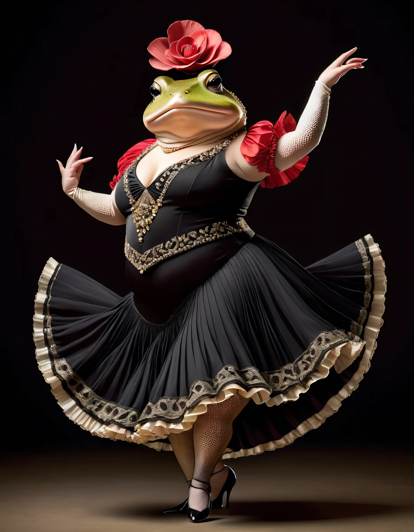 photorealistic portrait of Dressed animals - a ((fat)) toad flamenco dancer, arms up ,( dynamic dancing), high quality,(lovely) ,intricate details, highly detailed ((flamenco costume)) ,highly detailed black dress, high heels, toad skin, highly detailed decorations, (cute), studio lighting,(full body image:1.5)