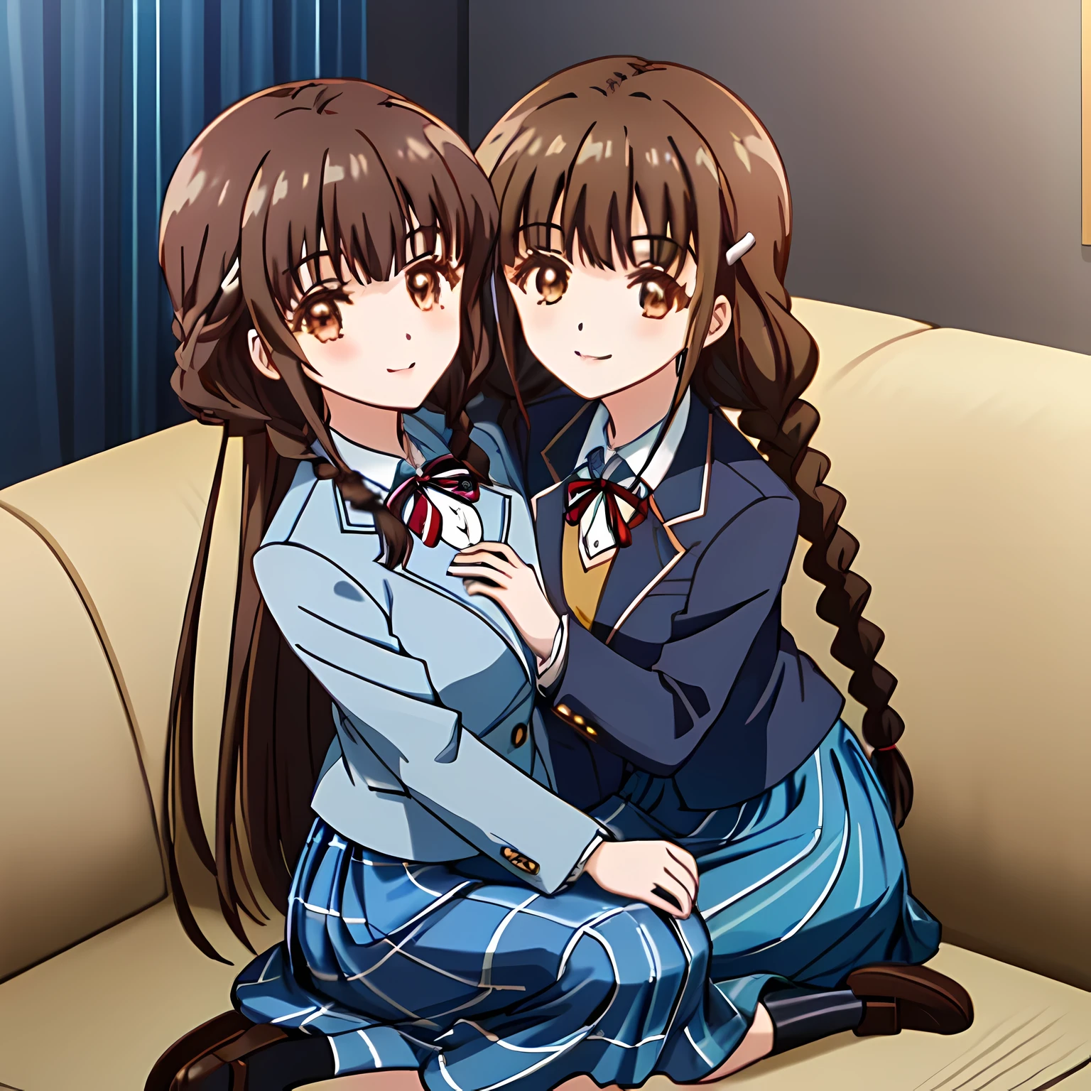 highest quality, (masterpiece:1.2), High resolution, perfect pixel, very detailed,thin and sharp lines, ((smooth texture:1.2, Anime CG style)), only one girl, One girl sitting is looking at the viewer and smiling, Glossy lips that make you want to kiss, nice smile, big brown eyes, (((dark brown hair))), , long braids, big shiny hair clip, , ((Light dark blue blazer with golden emblem on the left chest)), ((Japanese-style school ribbon with a large navy blue stripe on the chest)), very shiny hair、laughter、bright look、Both face and hair catch the light and shine, The corners of the eyes are drooping, Cute braids, (((Dark brown tightly braided hairstyle))), ((((dark blue & Deep navy tartan check middle long skirt)))), A gentle and cute expression staring at the viewer, ((long eyelashes)), round face, the skirt is very cute, brown leather shoes, white socks