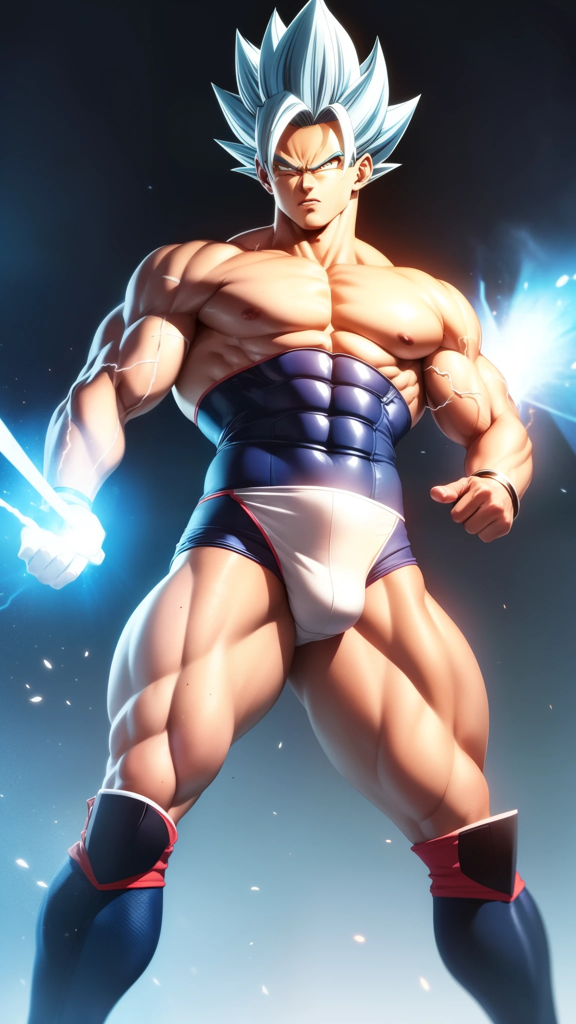 (masterpiece:1.2), best quality, Vegeta super Saiyan blue, blue hair, Blue Lightning pointing one's finger at oneself, intense gaze, muscular physique, dynamic pose, energy aura, anime style, vibrant colors, dramatic lighting