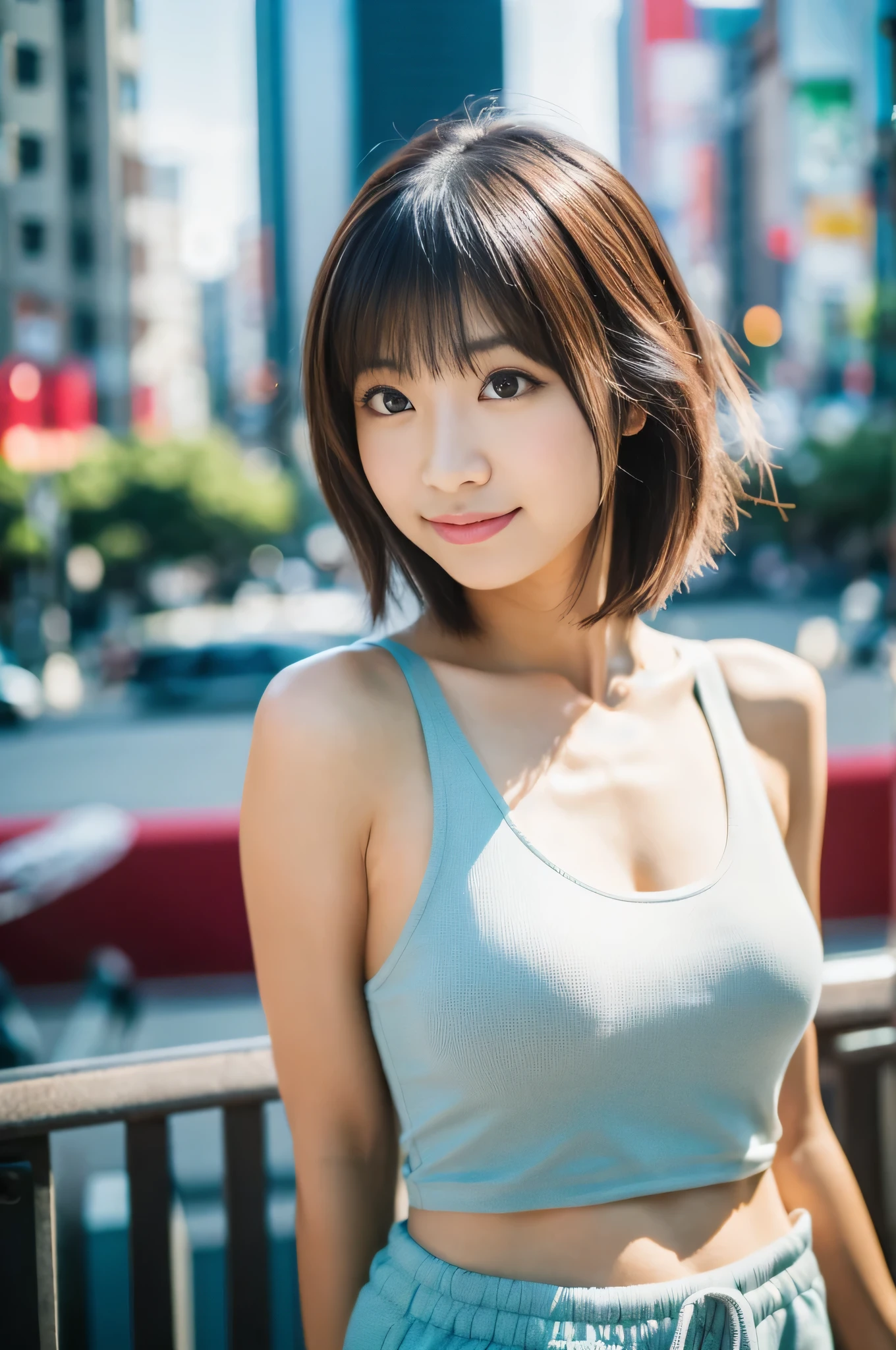 highest quality,masterpiece,32k,Depth of the bounds written、blur background、50mm,F1.4,professional lighting,cinematic lighting,medium close-up shot,thin,beautiful japanese woman,25 year old girl,contrasting,cityscape,akihabara,nice weather,shaggy,silver hair,Tank top,shorts,Happy,