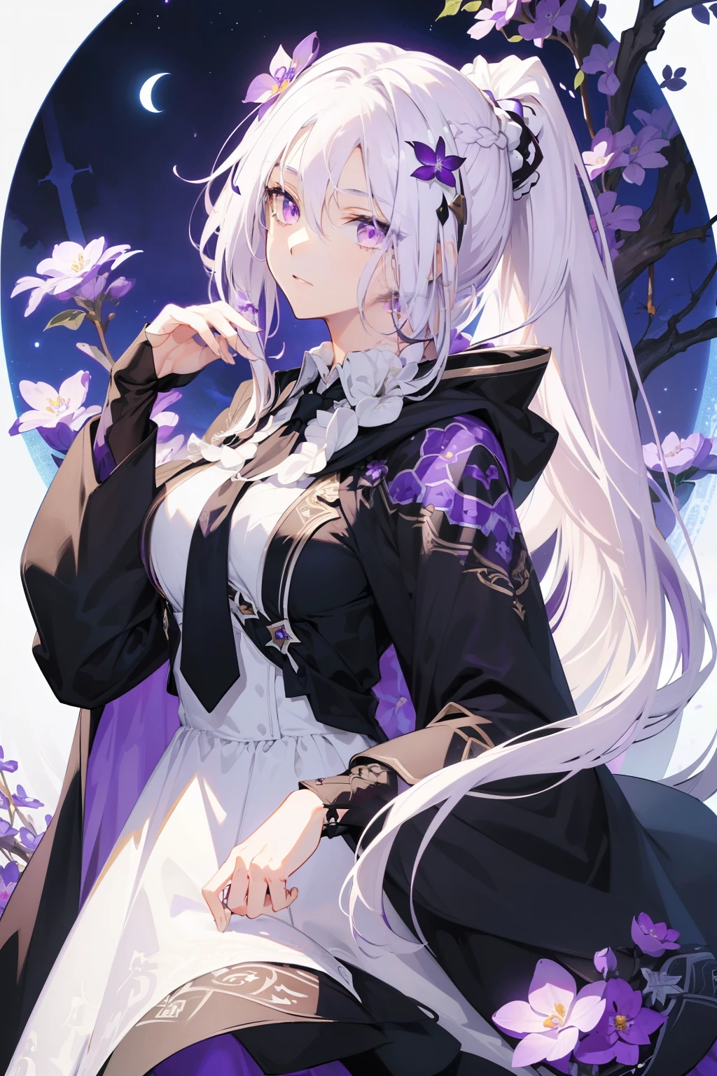 (best quality:1.3), (masterpiece:1.3), (illustration:1.3), (ultra-detailed:1.3), 1girl, large breasts, ((((purple eyes))), (((white hair))), hair ornaments, tall, mature, long hair, (low ponytail:1.2), upper body, black suit, necktie, cloak, long sleeves, skirt, dressaug, hair between eyes, purple flowers, looking at viewer, hair ornament, night sky, glowing purple flowers,