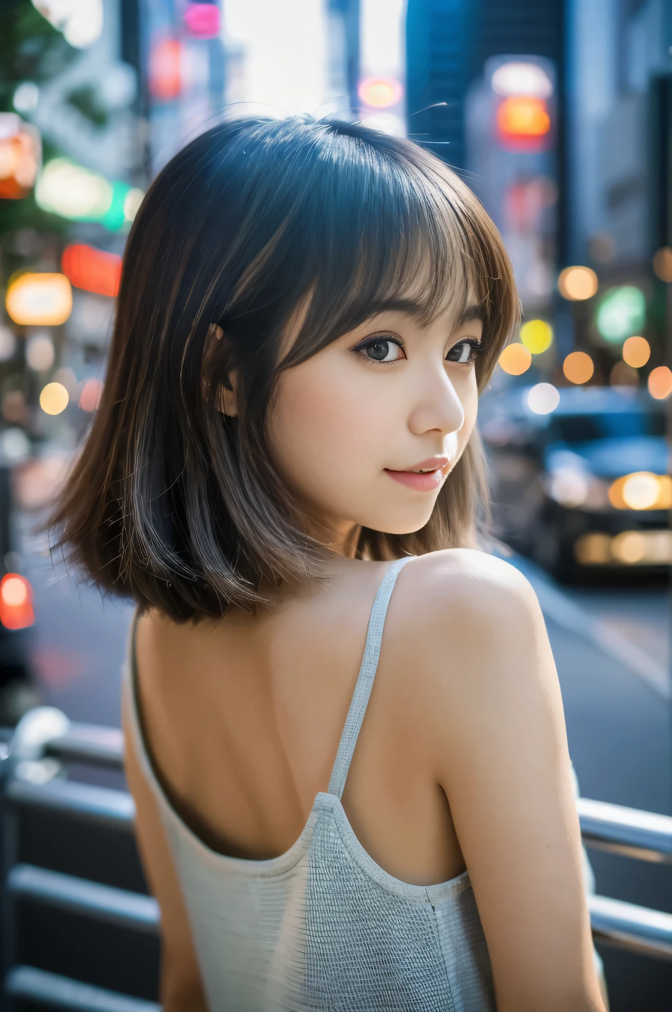 highest quality,masterpiece,32k,Depth of the bounds written、blur background、50mm,F1.4,professional lighting,cinematic lighting,medium close-up shot,thin,beautiful japanese woman,25 year old girl,contrasting,cityscape,akihabara,nice weather,shaggy,silver hair,Tank top,shorts,Happy,