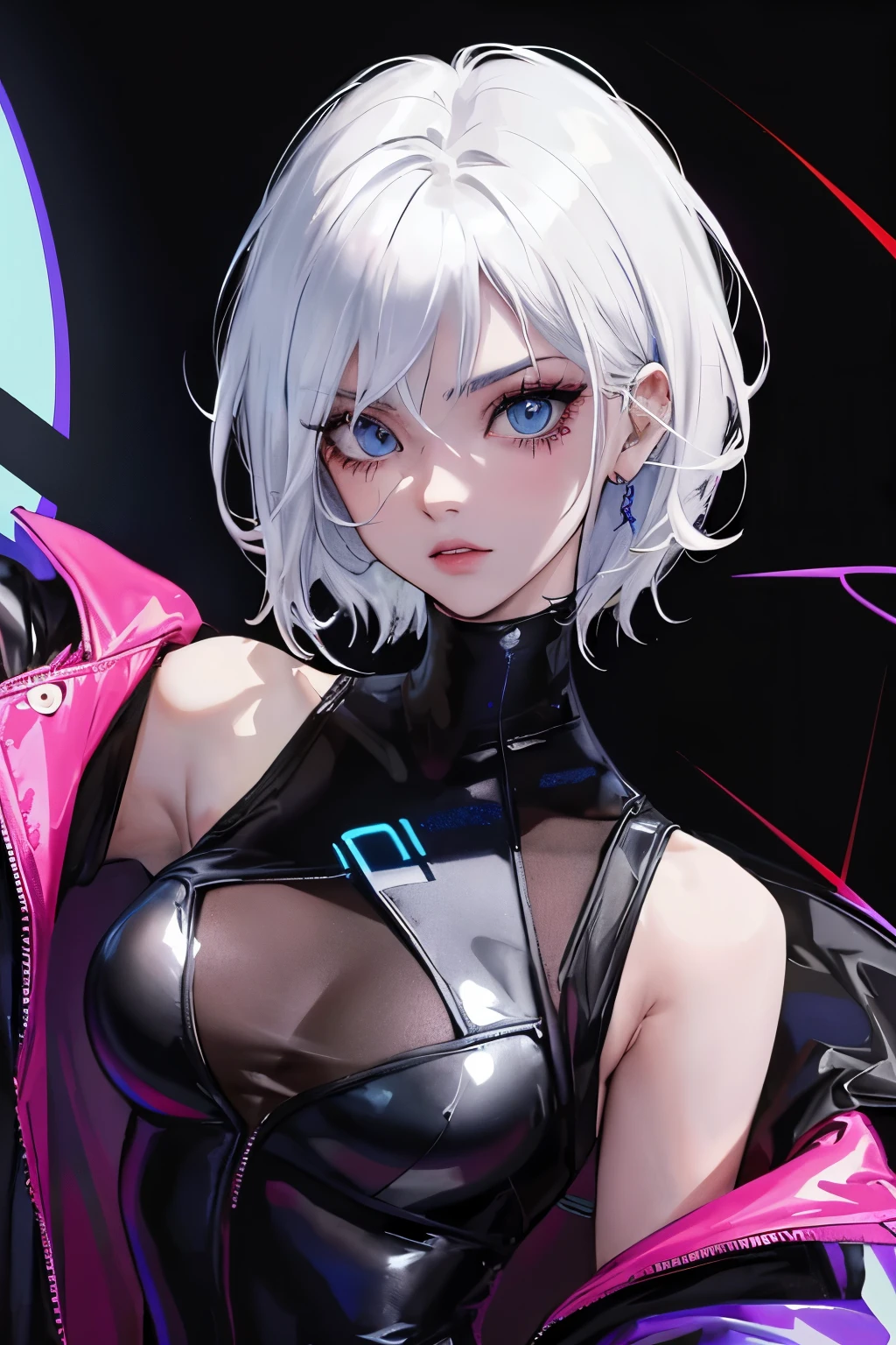 cyberpunk edgerunners, 1girl, lucy (cyberpunk), bare shoulders, blue eyes, breasts, leotard, looking at viewer, medium breasts, off-shoulder jacket, off shoulder, red eyeliner, short hair, sleeveless turtleneck leotard, solo, turtleneck leotard, white hair, ((masterpiece)) (best quality, masterpiece)