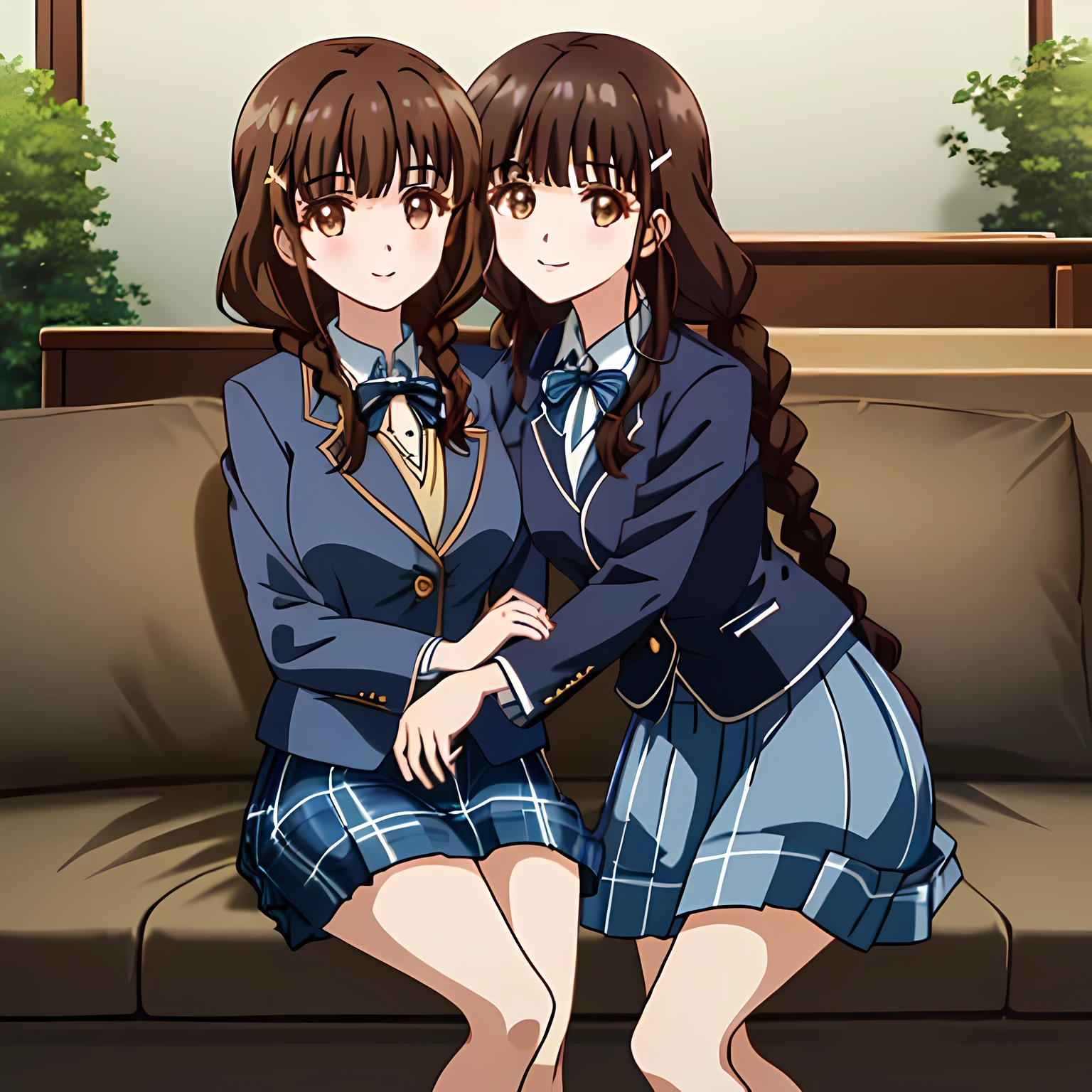 highest quality, (masterpiece:1.2), High resolution, perfect pixel, very detailed,thin and sharp lines, ((smooth texture:1.2, Anime CG style)), only one girl, One girl sitting is looking at the viewer and smiling, Glossy lips that make you want to kiss, nice smile, big brown eyes, (((dark brown hair))), 15 years old, long braids, big shiny hair clip, , ((Light dark blue blazer with golden emblem on the left chest)), ((Japanese-style school ribbon with a large navy blue stripe on the chest)), very shiny hair、laughter、bright look、Both face and hair catch the light and shine, The corners of the eyes are drooping, Cute braids, (((Dark brown tightly braided hairstyle))), ((((dark blue & Deep navy tartan check middle long skirt)))), A gentle and cute expression staring at the viewer, ((long eyelashes)), round face, the skirt is very cute, brown leather shoes, white socks