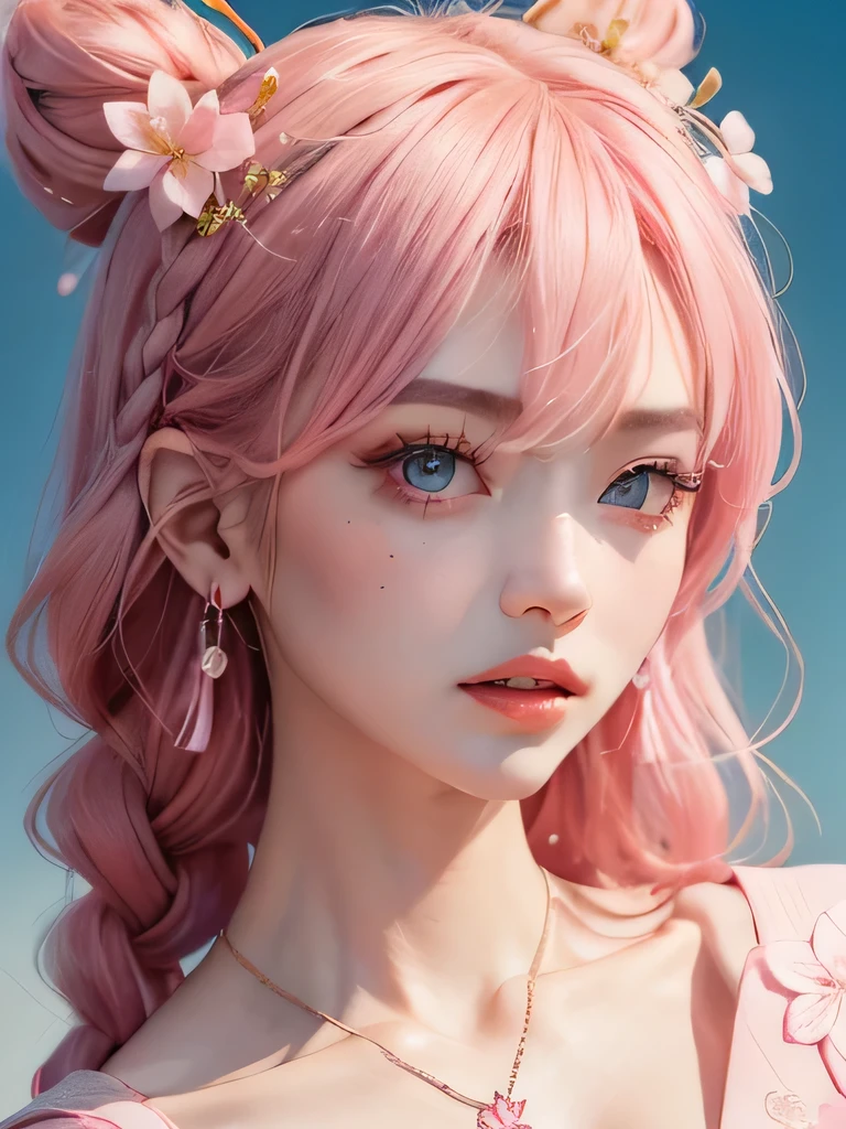 she is the cherry blossom spirit、pink eyes、pink hair、close up of face、pink eyebrows、pink teeth、pink fang、big ears、cherry blossom hair ornament、cherry blossom necklace、Cherry earrings、beautiful clavicle、Braid、deep pink eyes、pink kimono showing collarbone、cherry blossom fairy、wing、cherry blossom background、blue sky background、red eyes、Cherry Headband、she is a pink fairy、妖精のwing根、stern look、