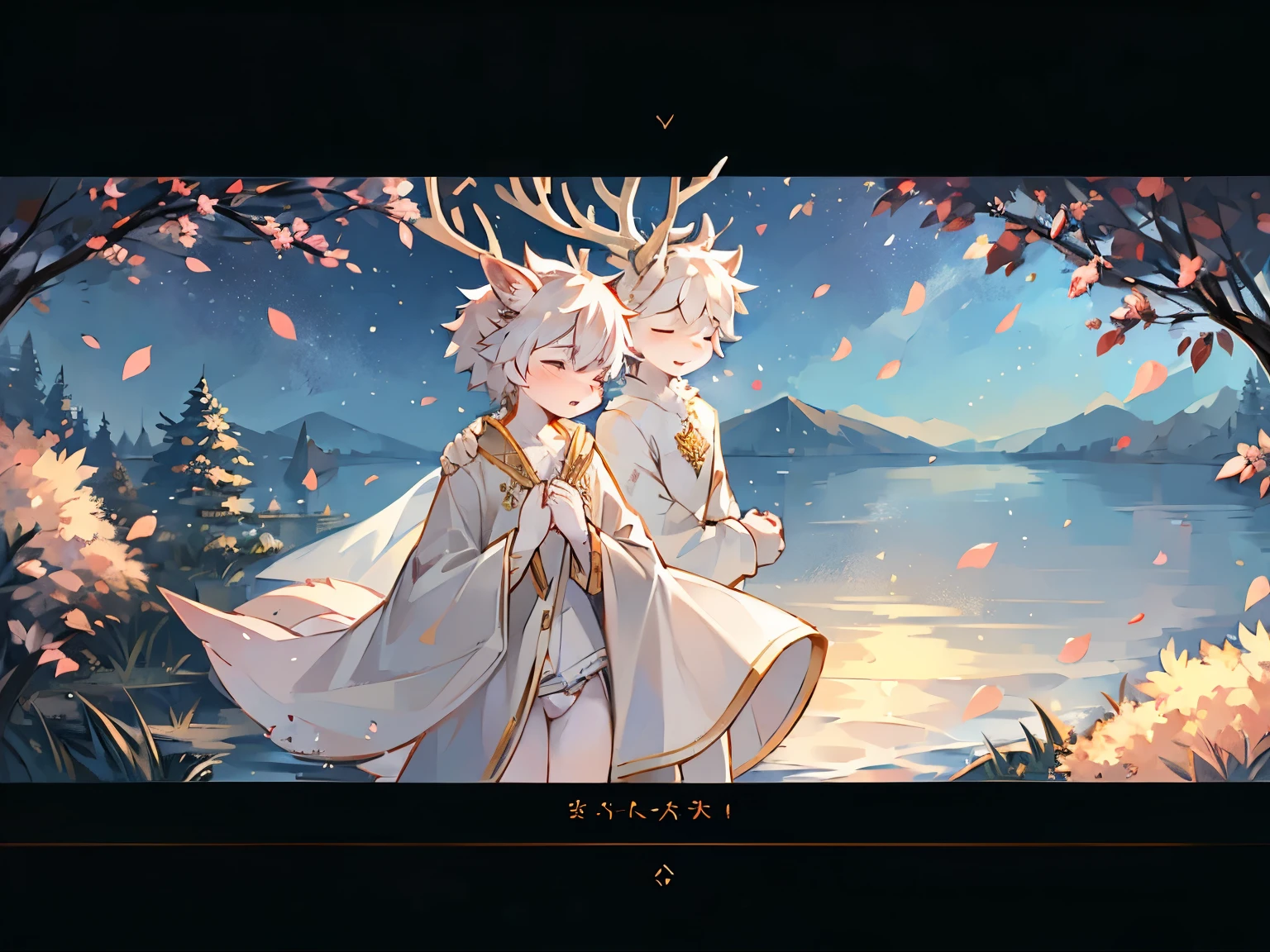a white deer,antlers,white robe,golden decoration,Hold your hands,eyes closed,bright starry sky,lake surface,falling petals,花瓣落在lake surface,Lovely shota,petals floating on the water,