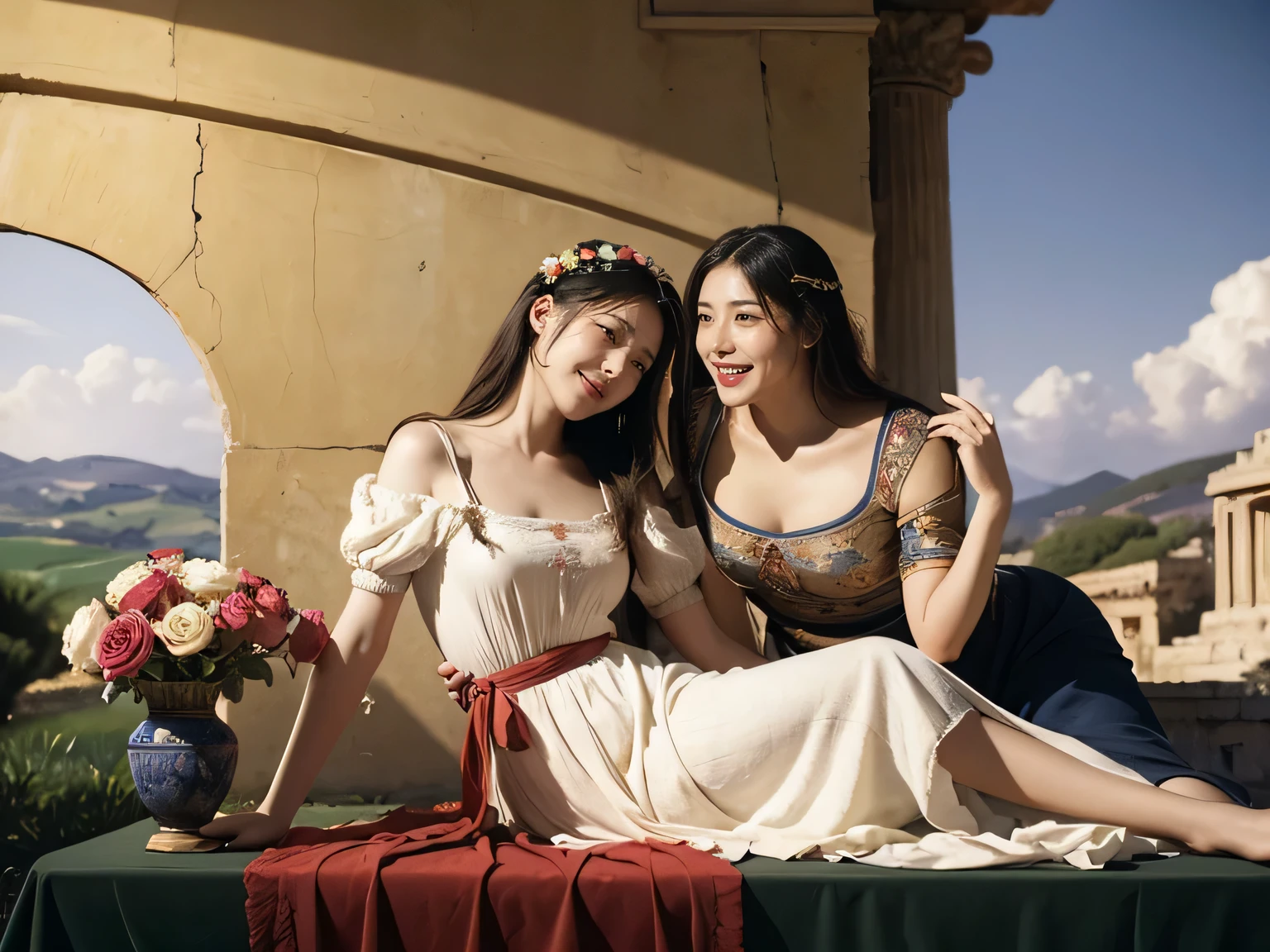 Giorgione painting style,Arguments of two female Philosophe,math、astronomical machine、astronaut、roses in vase、fruits、Cute trinkets、smile、ancient greek costume、Ancient Roman landscape in the style of Nicolas Poussin,laughter,,Sweet and seductive appearance.、Caravaggio's paintings、Chiaroscuro of Caravaggio、hair tousled by the wind,Two women frolicking,cute smile, expression of ecstasy,Sexy,erotic
