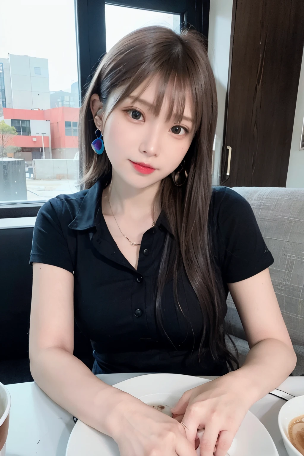 (8K、RAW photo、highest quality、masterpiece:1.2)、(realistic、Photoreal:1.37)、1 girl、16 only、cute、adorable、(blue eyes)、(shy smile:0.4)、(solo)、detailed face、oval face、thin almond eyes、brown short hair、hair above one eye、Slender、medium breasts、collared shirt、elevation angle、head tilt、fluorescent light、Inside the coffee shop、sitting by the window、small head、(Facing the other side)、age girl、earrings