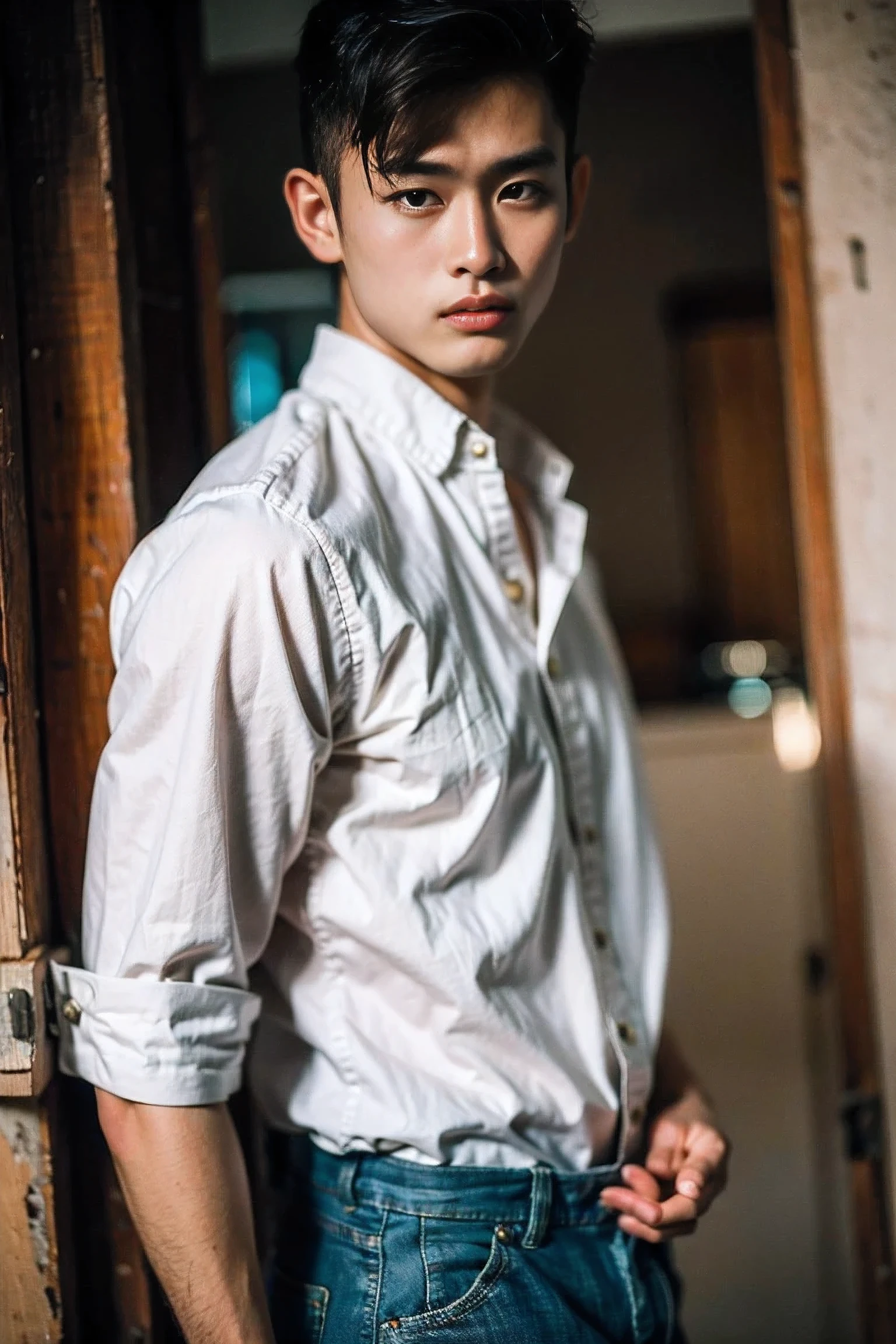 Realistic photography, Handsome Thai Man ,big loose shirt