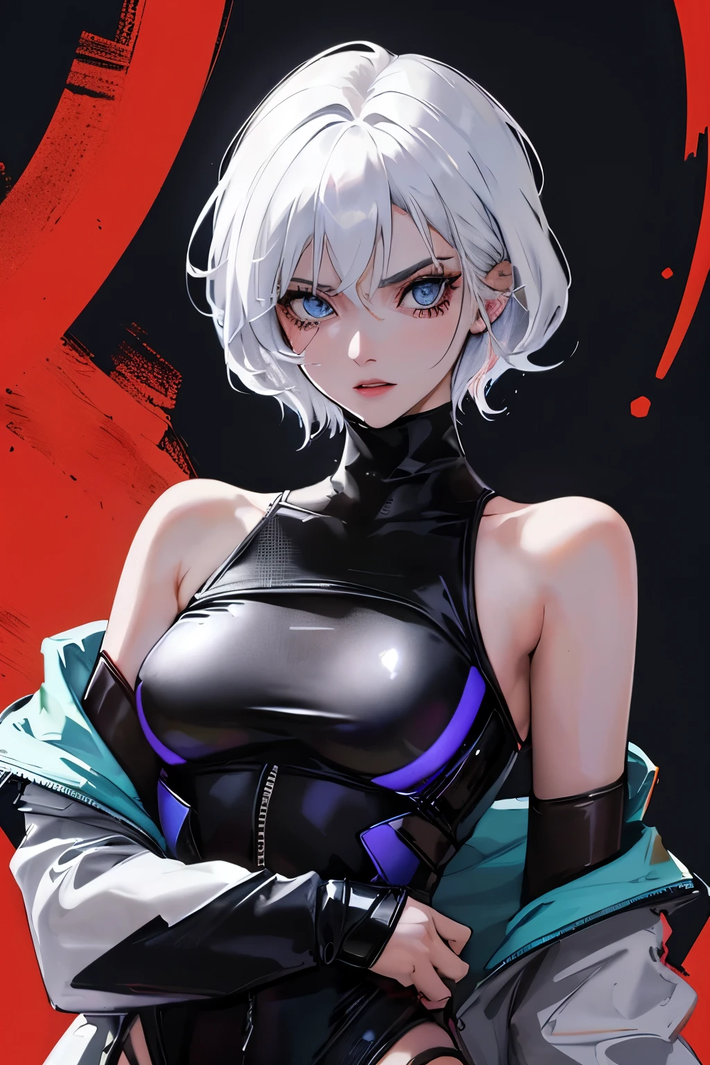 fishnets, fishnet legwear, scarf, ninja, 1wolfgirl, solo, red scarf, breasts, (((fishnet bodysuit))), weapon, kunai, cleavage, silver hair, fishnet gloves, short sword,