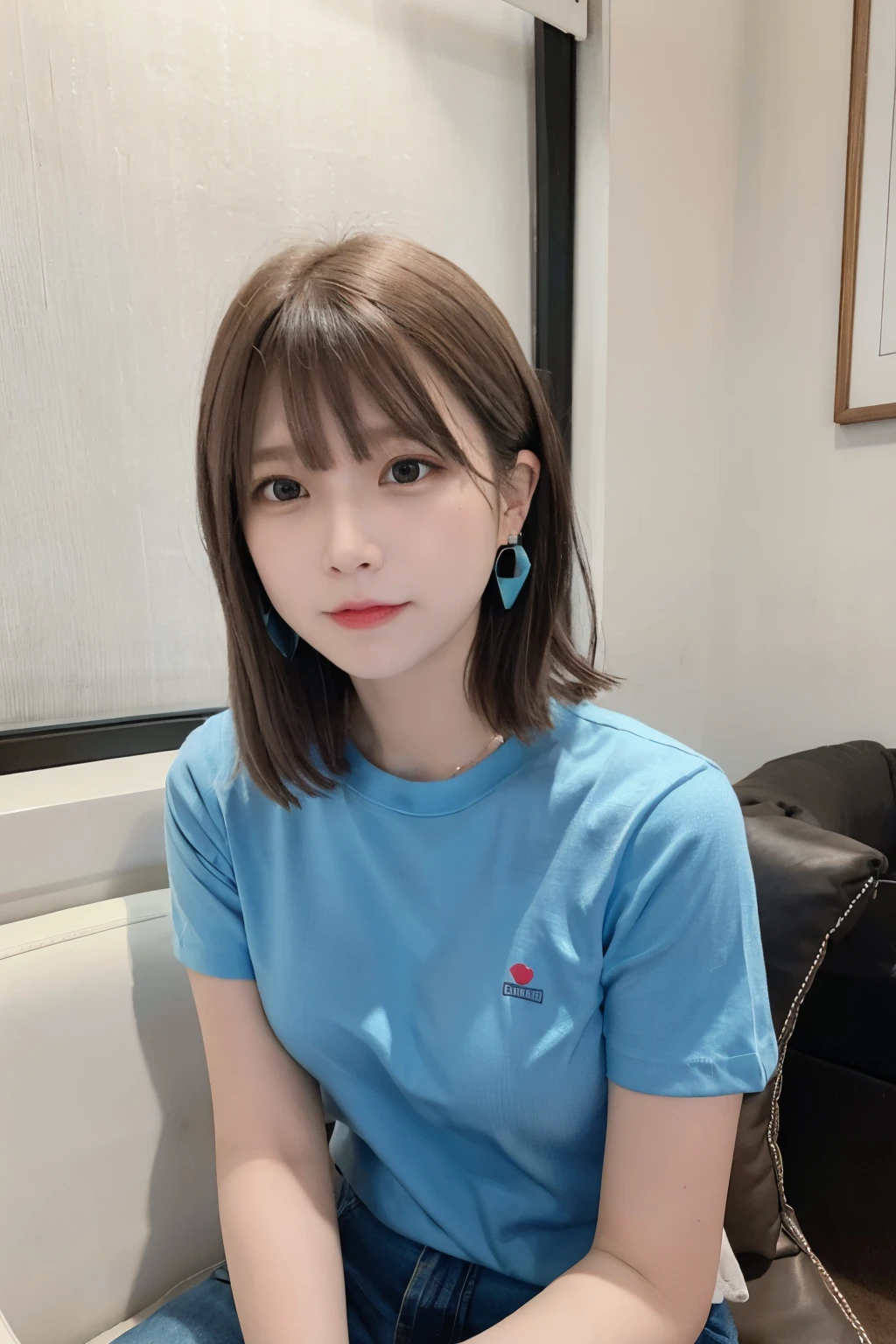 (8K、RAW photo、highest quality、masterpiece:1.2)、(realistic、Photoreal:1.37)、1 girl、16 only、cute、adorable、(blue eyes)、(shy smile:0.4)、(solo)、detailed face、oval face、thin almond eyes、brown short hair、hair above one eye、Slender、medium breasts、collared shirt、elevation angle、head tilt、fluorescent light、Inside the coffee shop、sitting by the window、small head、(Facing the other side)、age girl、earrings