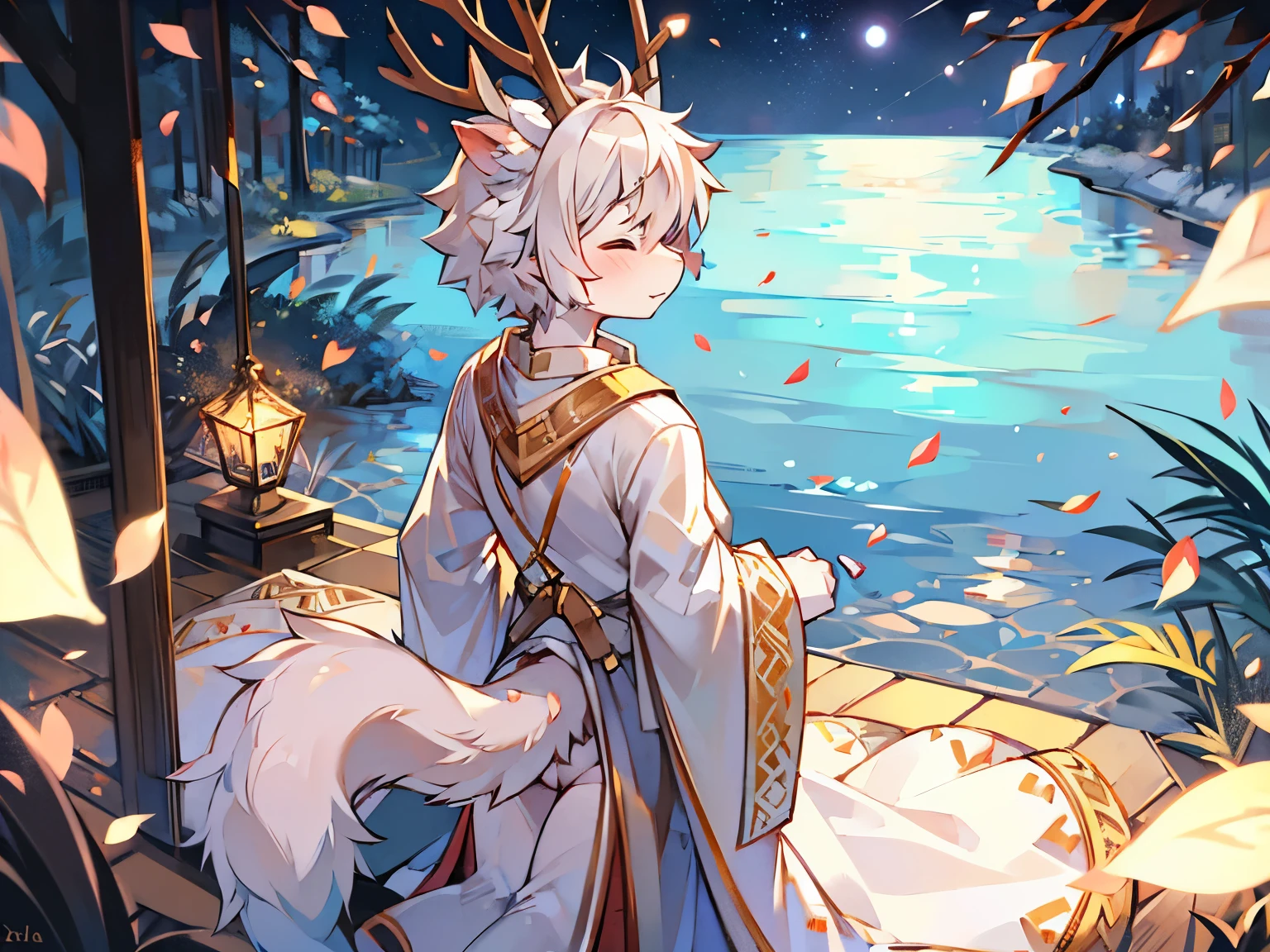 a white deer,antlers,white robe,golden decoration,Hold your hands,eyes closed,bright starry sky,lake surface,falling petals,花瓣落在lake surface,Lovely shota,petals floating on the water,bright stars