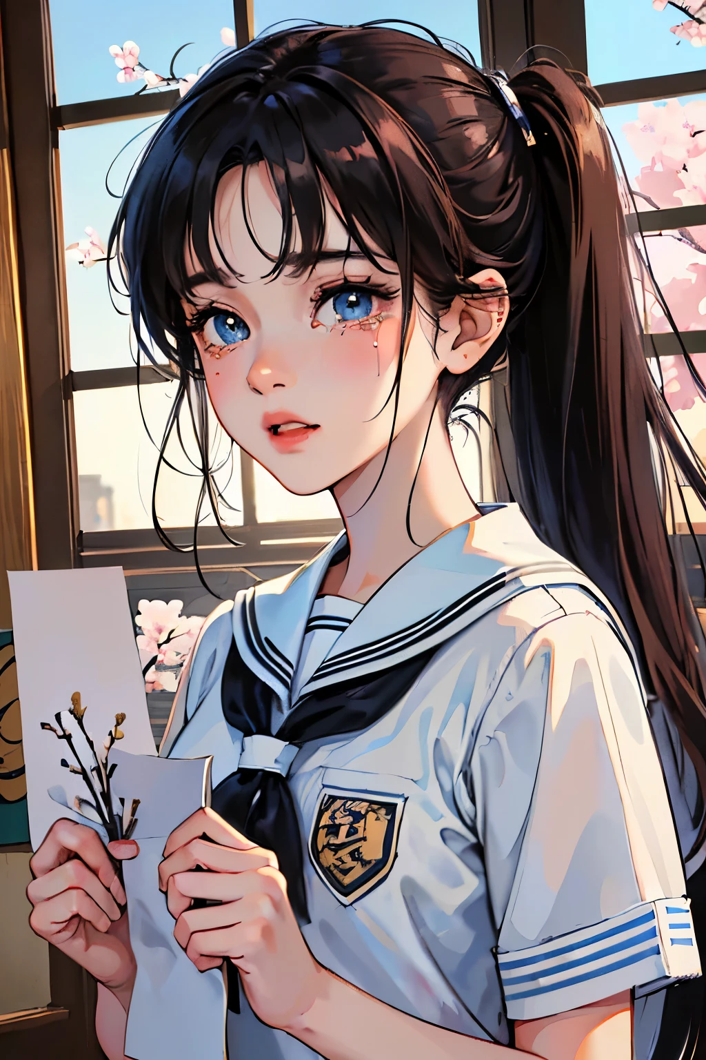 highres, extremely details, dramatic brightness, best quality art, 32k, 8K wallpaper, 4K digital animation, (1980s Japanese anime art:1.5). 1girl, she sad and remember a boy friend, he moved from school. (Her hair color is black:1.3),((a photo of girl, 1980s Japanese idol hairstyle:1.7)),(blue eyes :1.3),(detailed eyes and tears:1.3),close up upper body, (she wearing a sailor suit uniform in the room:1.5),(She holding a crumpled old paper in hand:1.5), (She looking memo on this crumpled paper:1.3), (The cherry blossom trees shine beyond the window:1.3)
