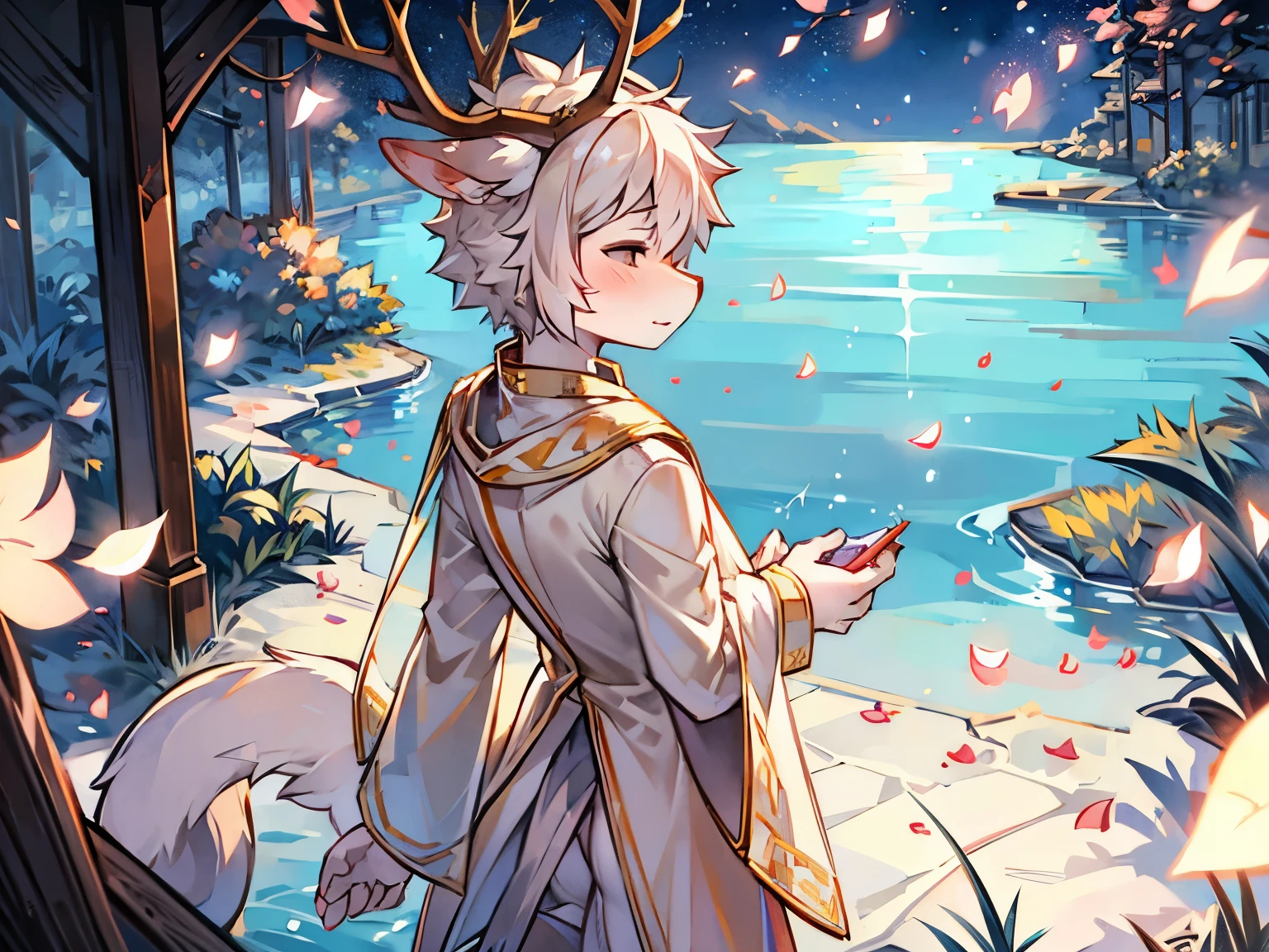 a white deer，antlers，white robe，golden decoration，Hold your hands，eyes closed，bright starry sky，lake surface，falling petals，花瓣落在lake surface，Lovely shota，petals floating on the water，bright stars