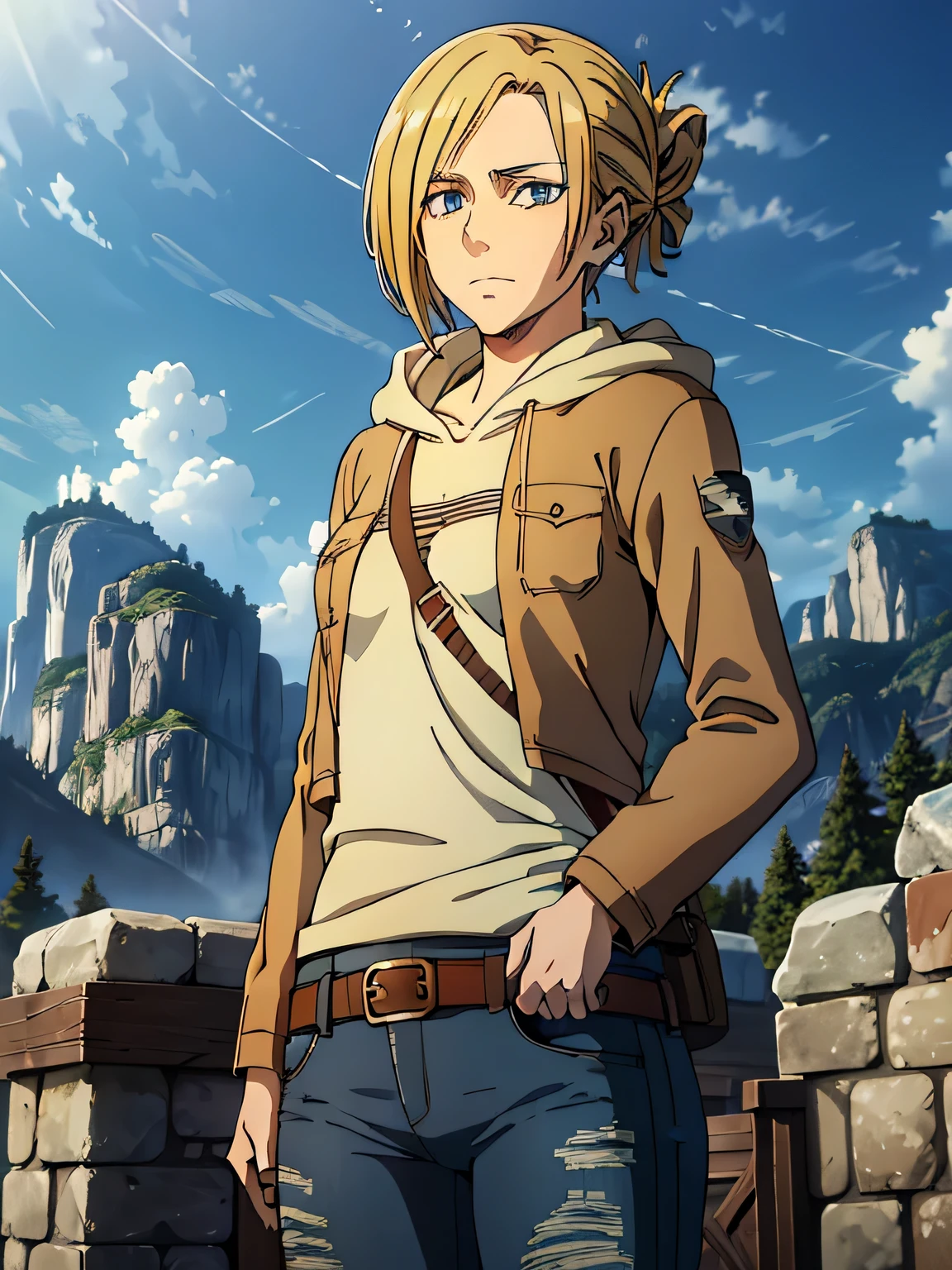 ((Best Quality)), ((masutepiece)), Highly detailed, 8K, ( Female), AnnieAOT,Solo, short length paradiritary_uniform, Jacket, Open jacket, full_Length_Tuck-in_Pale_brown_Hooded_undershirt, uniform, Military_uniform, Blue_denim_jeans, Dark brown waist harness for jeans, extra detailed face, sneakers, extremely_Detailed_Blue_denim_Medium Waist_Ripped_Tight_jeans, Pants, Dark_brown_waist_Harnes_SUI_white_jeans, Waist belt, thigh belt, fit glutes, sneakers, Dramatic Lighting, big anime eyes, Top quality eyes, SFW, 1girl in, skyporn, mountainscape, Waterfall, from a_way_Below, depth of fields, depth of fields, Sexy Pose, tiny chest, tiny chest,