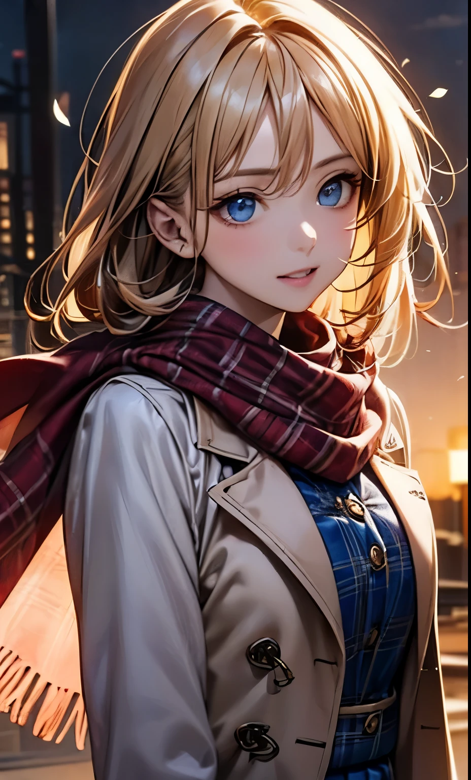 (masterpiece),(highest quality:1.2),1 girl,(Masseter muscle part:1.3),exquisite details, highest qualityの 8K 解像度, Super detailed, realistic, Bright colors, soft colors, With warm and gentle lighting,(beautiful plaid scarf:1.3),(Pleated pink ruffle ribbon dress,) (Brown long coat:1.2) evening,big sunset,(smooth straight blonde hair:1.2),(parted hair in the middle:1.3),(shining hair),(dark blue eyes:1.3),white skin, Barrette,An overflowing soft and gentle feeling,(The promenade is full of flowers),The sun's rays illuminate joy and pure love, warm golden glow,The atmosphere is full of happiness and laughter, It's like celebrating love,超細密描写とBright colors彩へのこだわり. A style that combines romanticism and realism、I can feel the depth of love,color palette,Creates a dream-like, fantastical atmosphere,Lighting is soft and diffuse, Shine a gentle light on your face,作品はmasterpieceです,