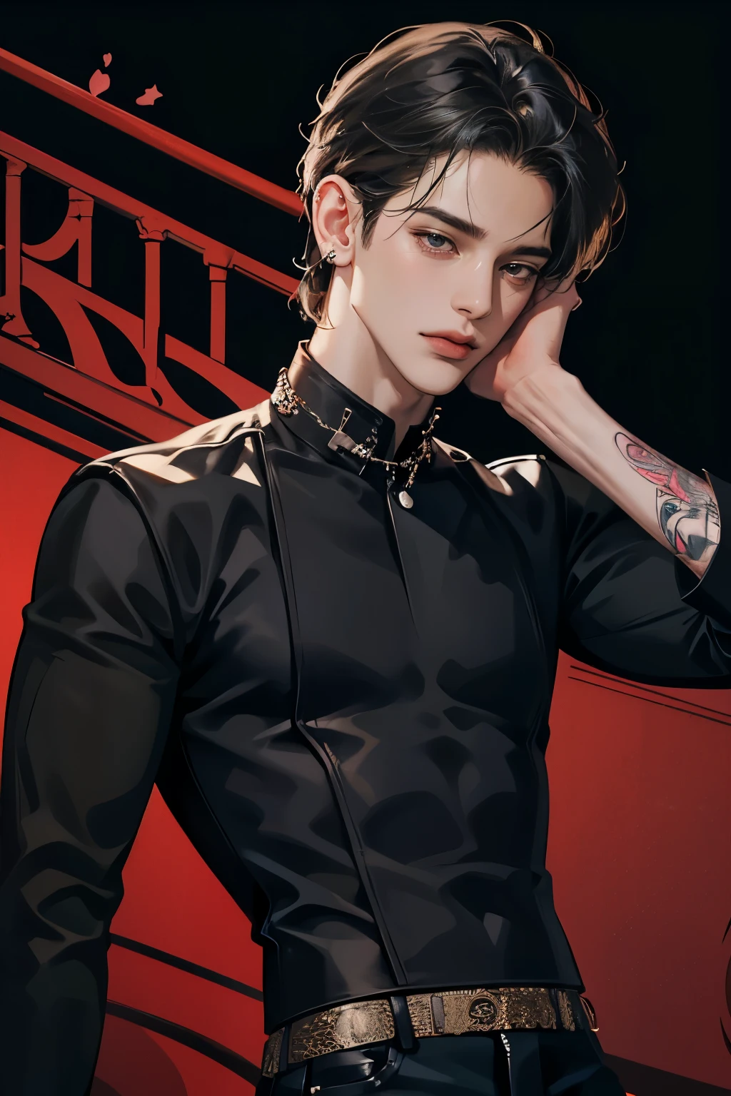 （4K works））、masterpiece、（top quality）、（（black cityscape background））、Korean male、adult male、（（（Adult 50 years old））、（（（Adult uncle type））、（（（Leather jeans style））、（（The face is similar to Hyunjin））、cruel man、tall、（（wild features））、（（wild look））、（（angry expression））、（（Long sleeve trousers style））、（（small face））、slim body、（short hair）））、（shot alone））、（Solo photography））、Professional photos、（（upper body photography））、（upper body photography））、（Wear a lot of piercings））、（（piercing lips）））、（（tongue piercing））、（Sick boy））、（my boy））、（Many tattoo photos））、（（（sassy pose））
