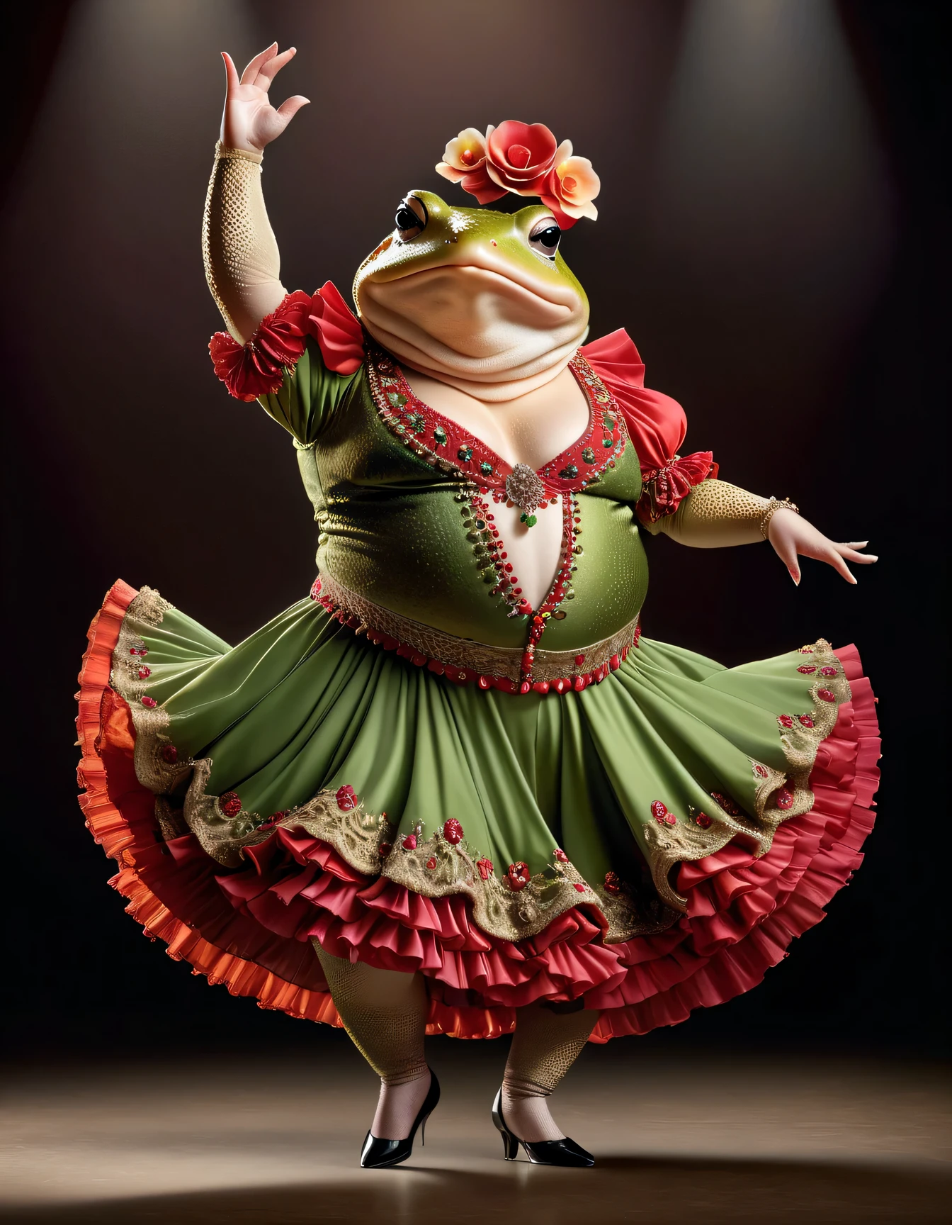 photorealistic portrait of Dressed animals - a ((fat)) toad flamenco dancer, arms up ,(flamenco dynamic dancing), high quality,(lovely) ,intricate details, highly detailed ((flamenco costume)) ,highly detailed dress, high heels, toad skin, highly detailed decorations, (cute), studio lighting,(full body image:1.5)