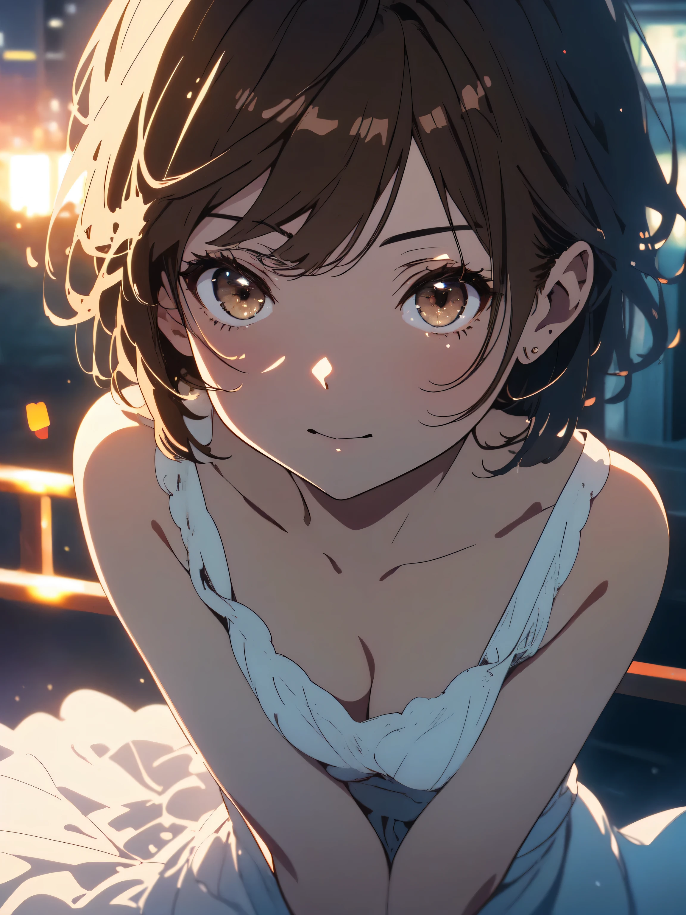 night, photograph, (((so beautiful))), (so beautiful肖像画))),(beautiful anime) ,(1 girl, 25 years old), (knit dress),sexy ,(頭から膝までのphotograph), ((short cut natural brown hair)), [brown eyes],A gentle smile looking at the camera(cleavage), ((masterpiece, 最high quality, Super detailed, movie light, intricate details, High resolution, 8K, very detailed)), detailed background, 8k uh, Digital single-lens reflex camera, soft lighting, high quality, film grain, Fujifilm XT3, shallow depth of field, Natural light, perfect face,(beautiful anime)
