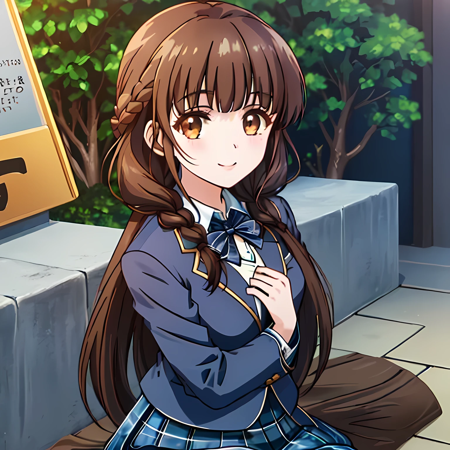 highest quality, (masterpiece:1.2), High resolution, perfect pixel, very detailed,thin and sharp lines, ((smooth texture:1.2, Anime CG style)), only one girl, The girl is looking at the viewer and smiling, glossy lips, nice smile, big brown eyes, (((dark brown hair))), 15 years old, long braids, big shiny hair clip, , ((Light dark blue blazer with golden emblem on the left chest)), ((Japanese style school butterfly ribbon with large navy blue stripes on the chest)), very shiny hair、laughter、bright look、Both face and hair catch the light and shine, The corners of the eyes are drooping, Cute braids, (((Dark brown tightly braided hairstyle))), ((((dark blue & Deep navy tartan check middle long skirt)))), A gentle and cute expression staring at the viewer, ((long eyelashes)), round face, the skirt is very cute, brown leather shoes, white socks