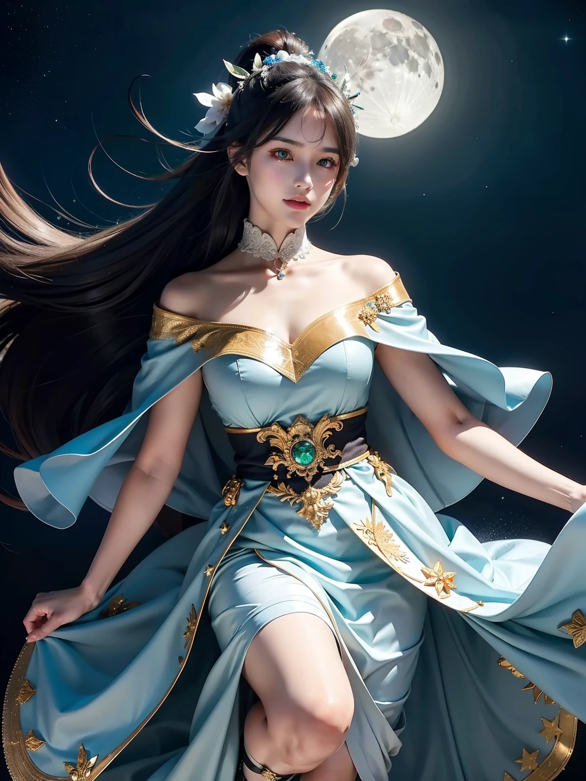masterpiece, (best quality:1.2), (very detailed:1.2), illustration, (very delicate and beautiful:1.2),cinematic angle,floating, (beautiful and delicate eyes:1.1), (detailed light:1.1),movie lights, beautifully detailed sky, female, green queen dress, black hair, blue eyes, (high ponytail:1.1), Cloak, shining eyes, (moon:1.2), (moonlight:1.1), starry sky, (lighting particles:1.1), Fog, eye pictures, sketch, flower, full body capture,